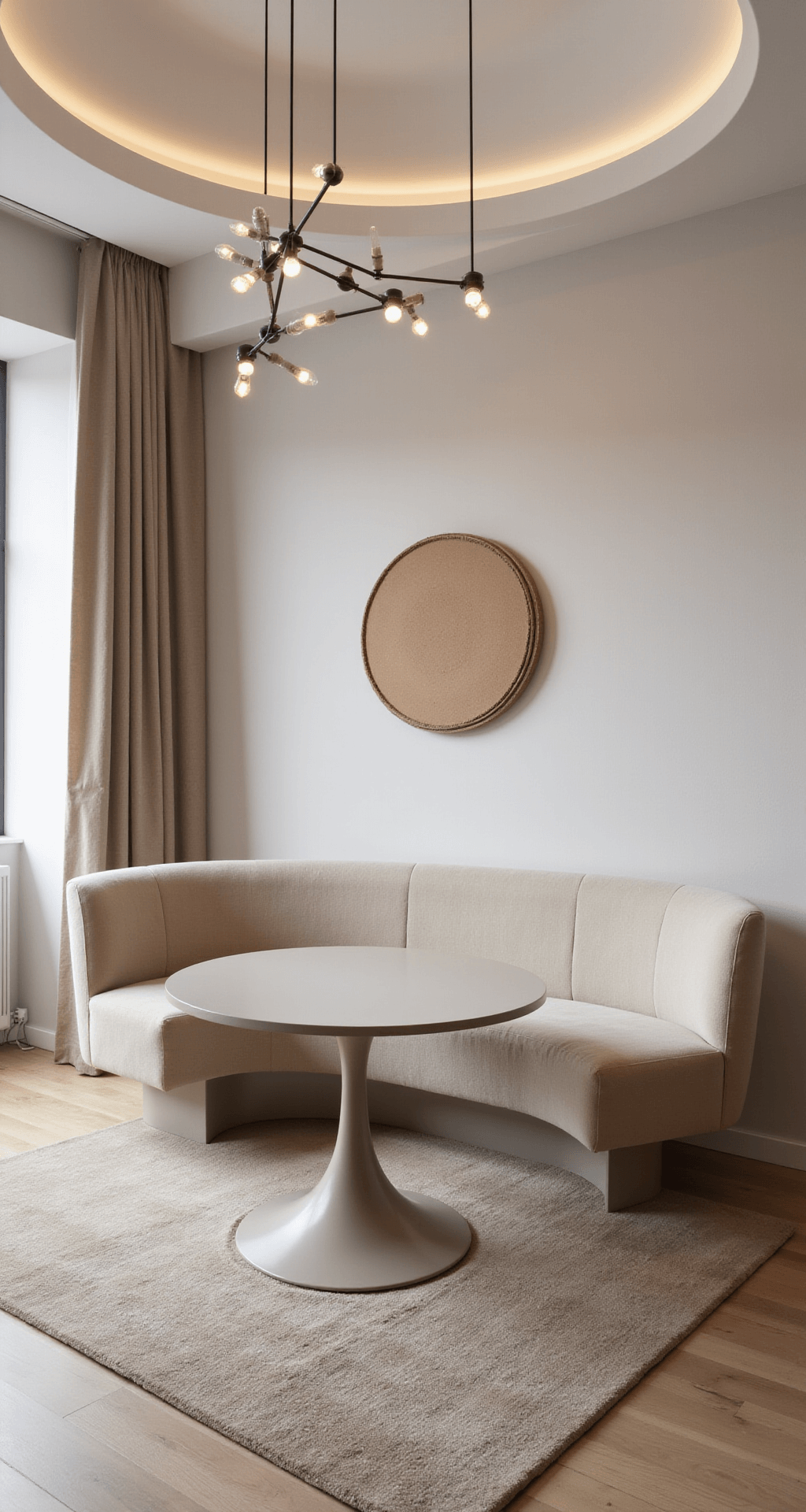 Moderne minimalistische woonruimte met organische elementen, inclusief een ronde salontafel van gerookt glas, een rechthoekige beige bouclé bank en een golvend vloerkleed in pastelkleuren, gefotografeerd in diffuus ochtendlicht.