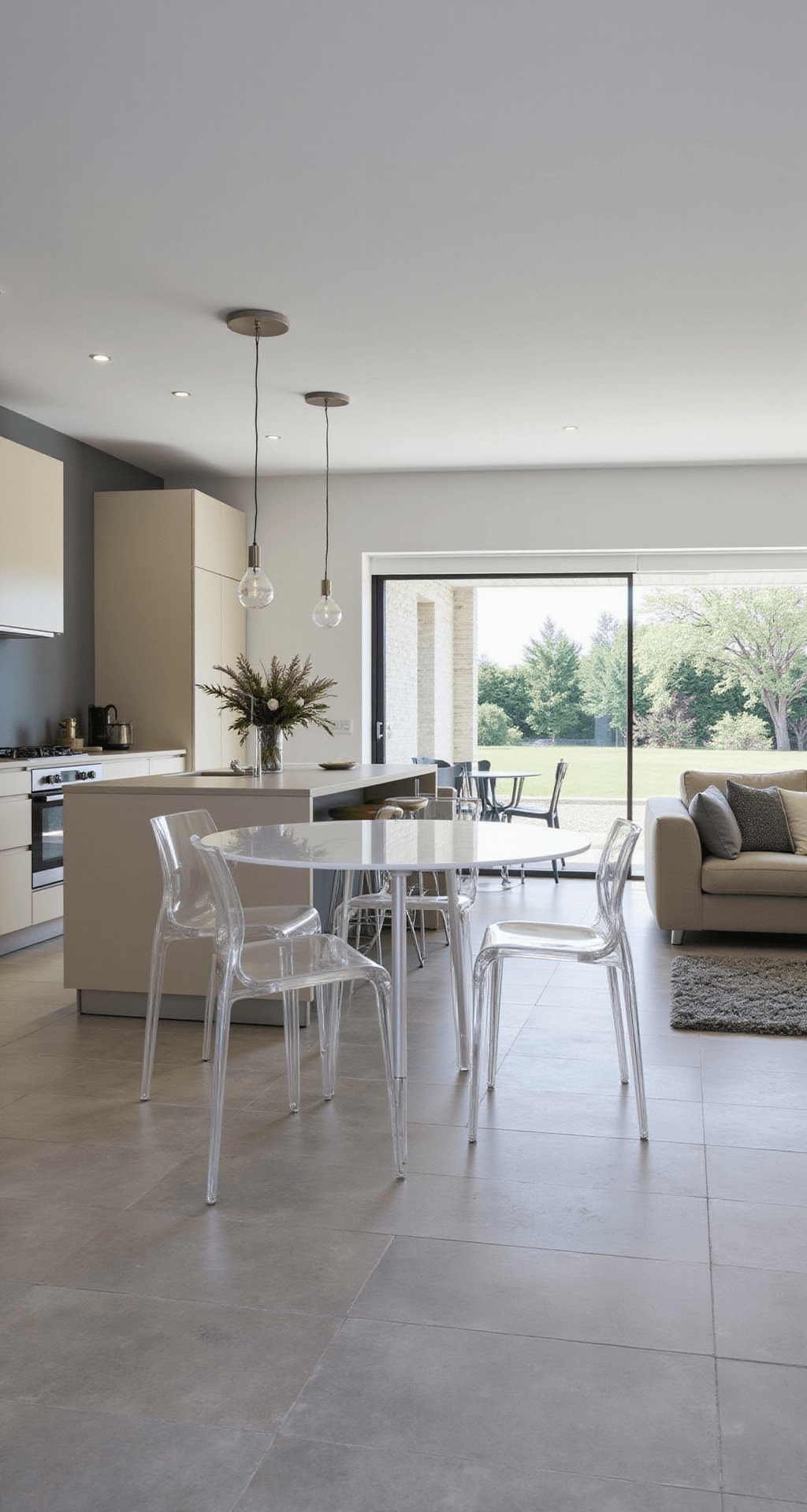 Open plan woonkamer met geïntegreerde keuken en eethoek, transparante acryl stoelen rond eiken tafel, lichte materialen, glazen room divider, vastgelegd in helder middaglicht met gerichte LED-verlichting.