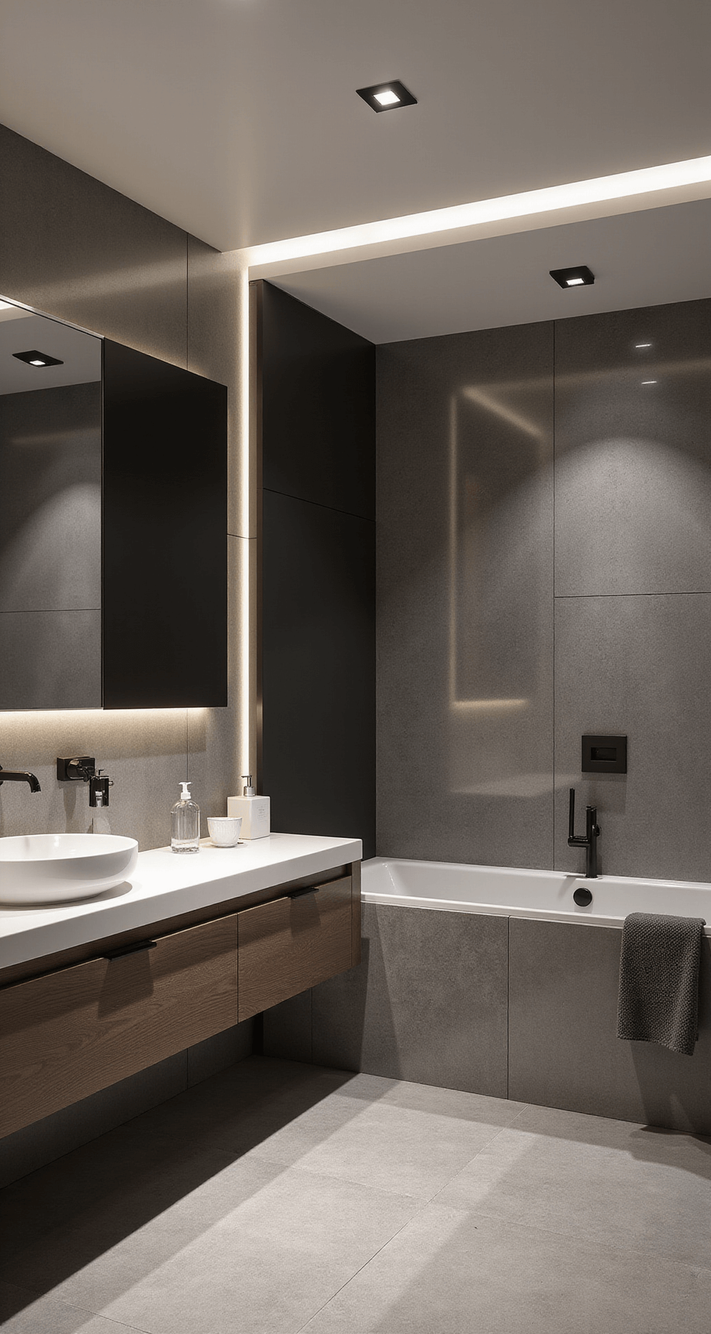 Moderne luxe hotelbadkamer bij schemering, 5x5m, met grijze marmerlook tegels, XXL inloopdouche met glazen mozaïek accent wand, zwevend donker houten badmeubel met witte composiet wastafel, matte zwarte kranen, indirecte LED-verlichting en dramatische avondsfeer.