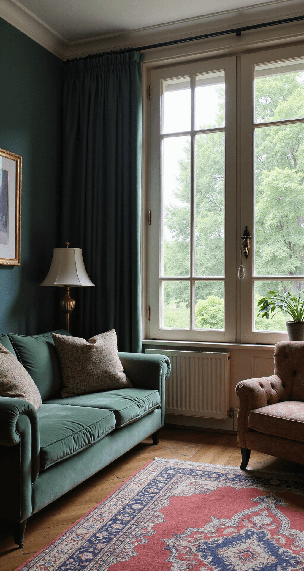 Klassieke woonkamer met erker, roomwitte vitrage en diepe mosgroene fluwelen overgordijnen, ochtendzon die door de stof filtert, chesterfield bank, koperen accessoires, Franse deuren naar terras, symmetrische compositie.