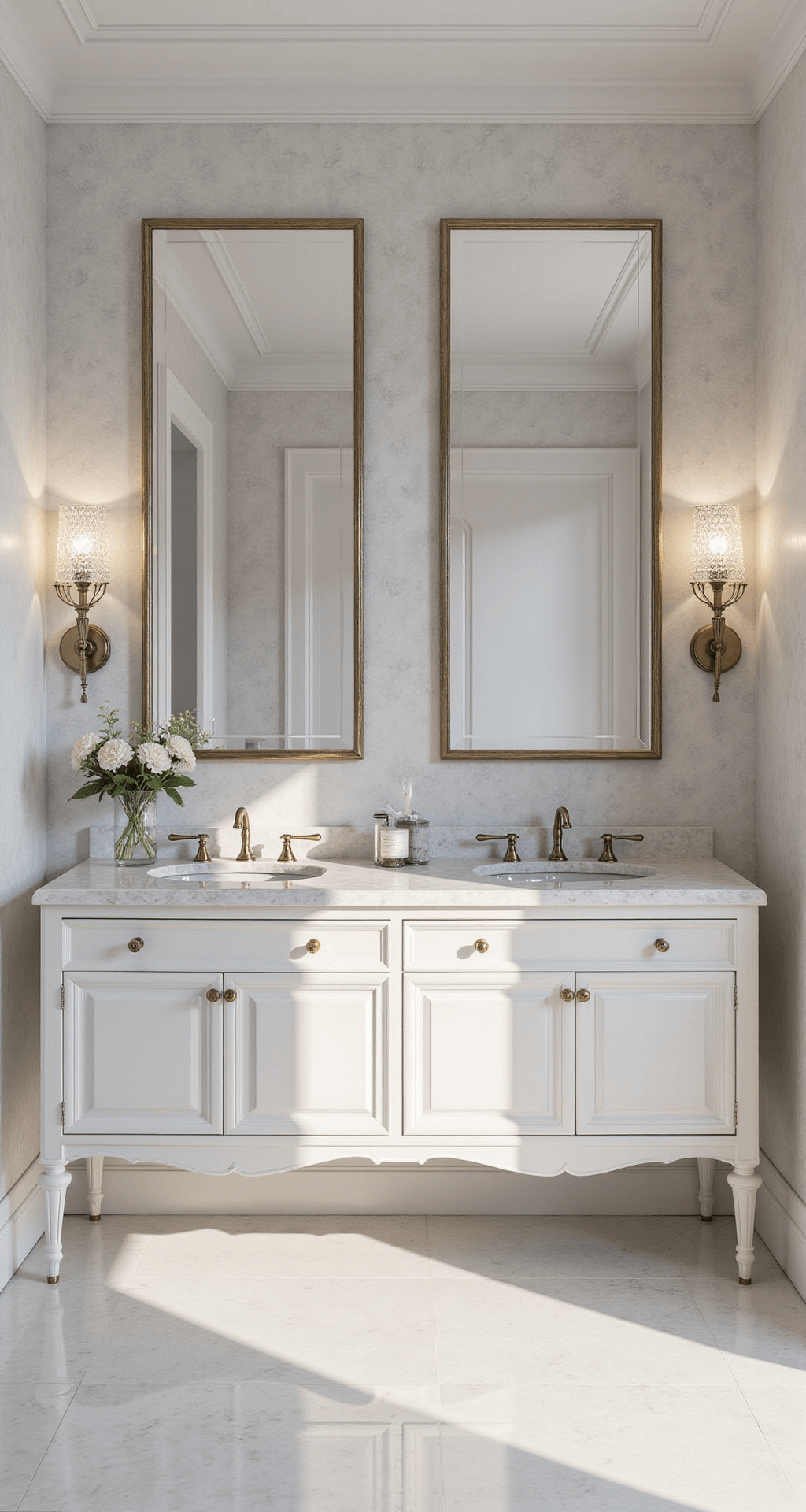 Luxe klassieke badkamer met kroonlijsten, Statuario marmeren tegels in visgraatpatroon, vrijstaand bad op pootjes, dubbele wastafel in wit met gouden details, kristallen wandlampen en een grote vergulde spiegel, prachtig verlicht door ochtendlicht.