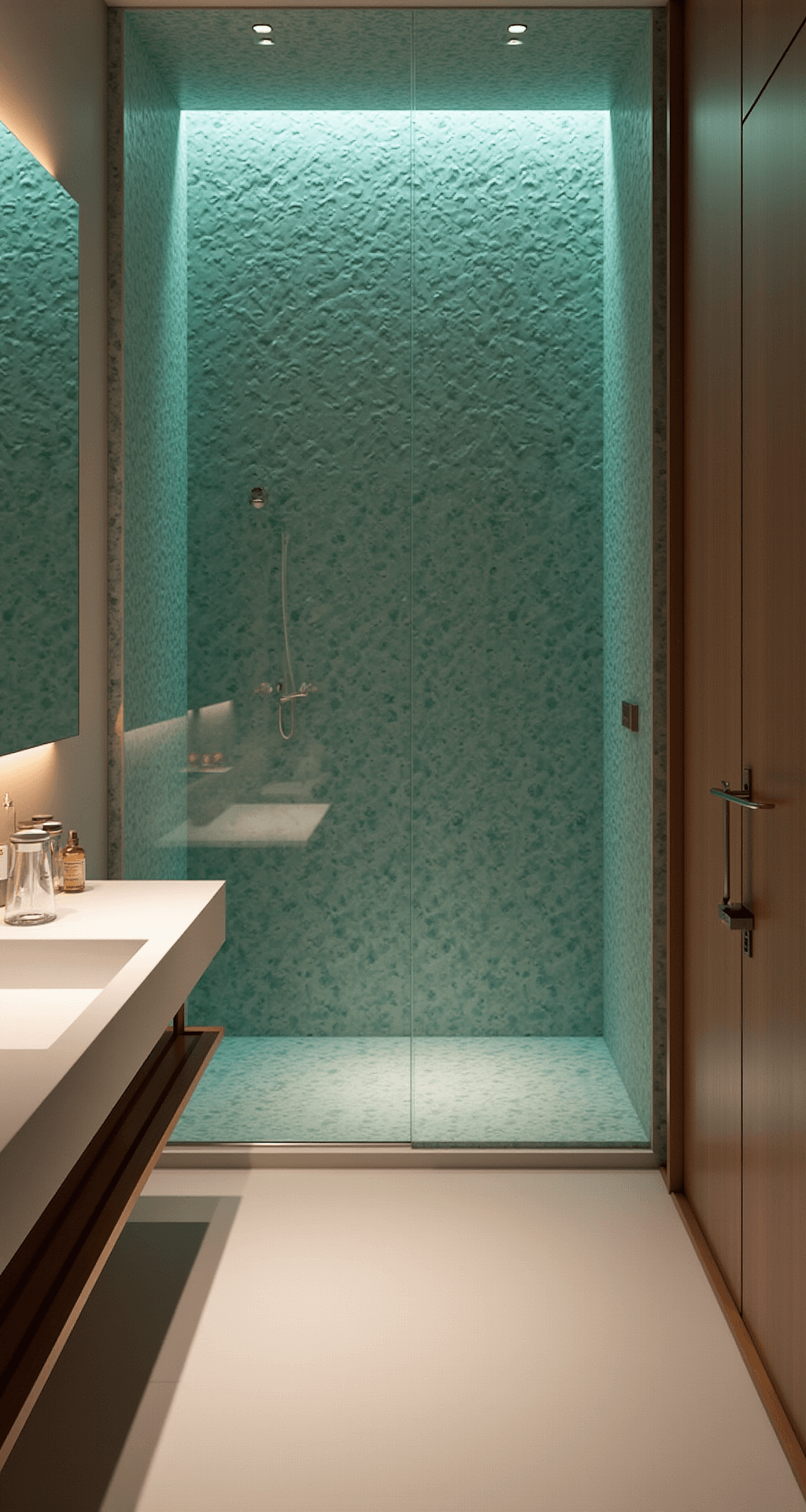 Mediterrane spa-badkamer met gewelfd plafond, handgemaakte zeegroene zellige tegels, ingebouwde hammam douche, natuurstenen waskom op houten meubel, nissen met LED-kaarsen en koperen details, in aqua tinten met warme accenten, verlicht met diffuus natuurlijk licht en warmere kunstverlichting.