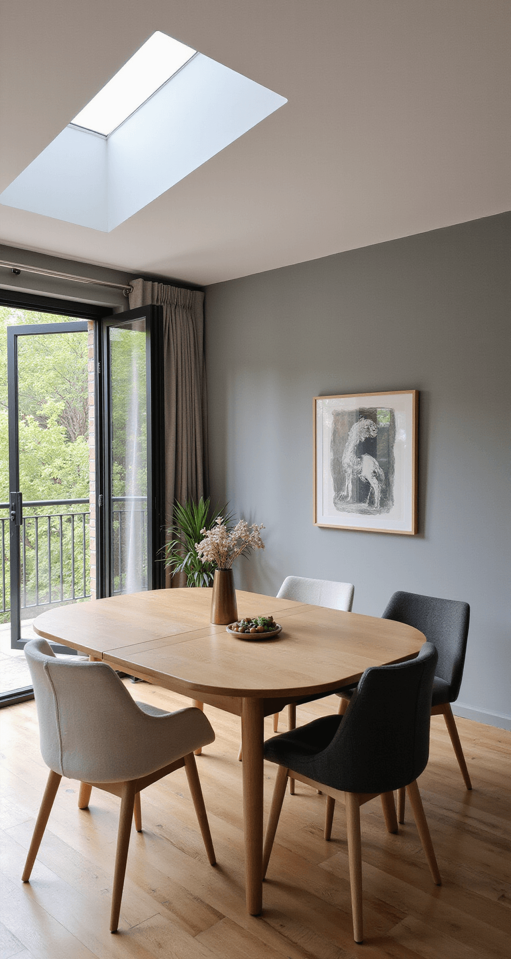 Moderne-klassieke eetkamer met taupe linnen wandbekleding, een ovale eiken eettafel en fluwelen stoelen, gefotografeerd vanuit een dramatisch diagonaal perspectief met natuurlijke verlichting en dubbele openslaande deuren naar het terras.