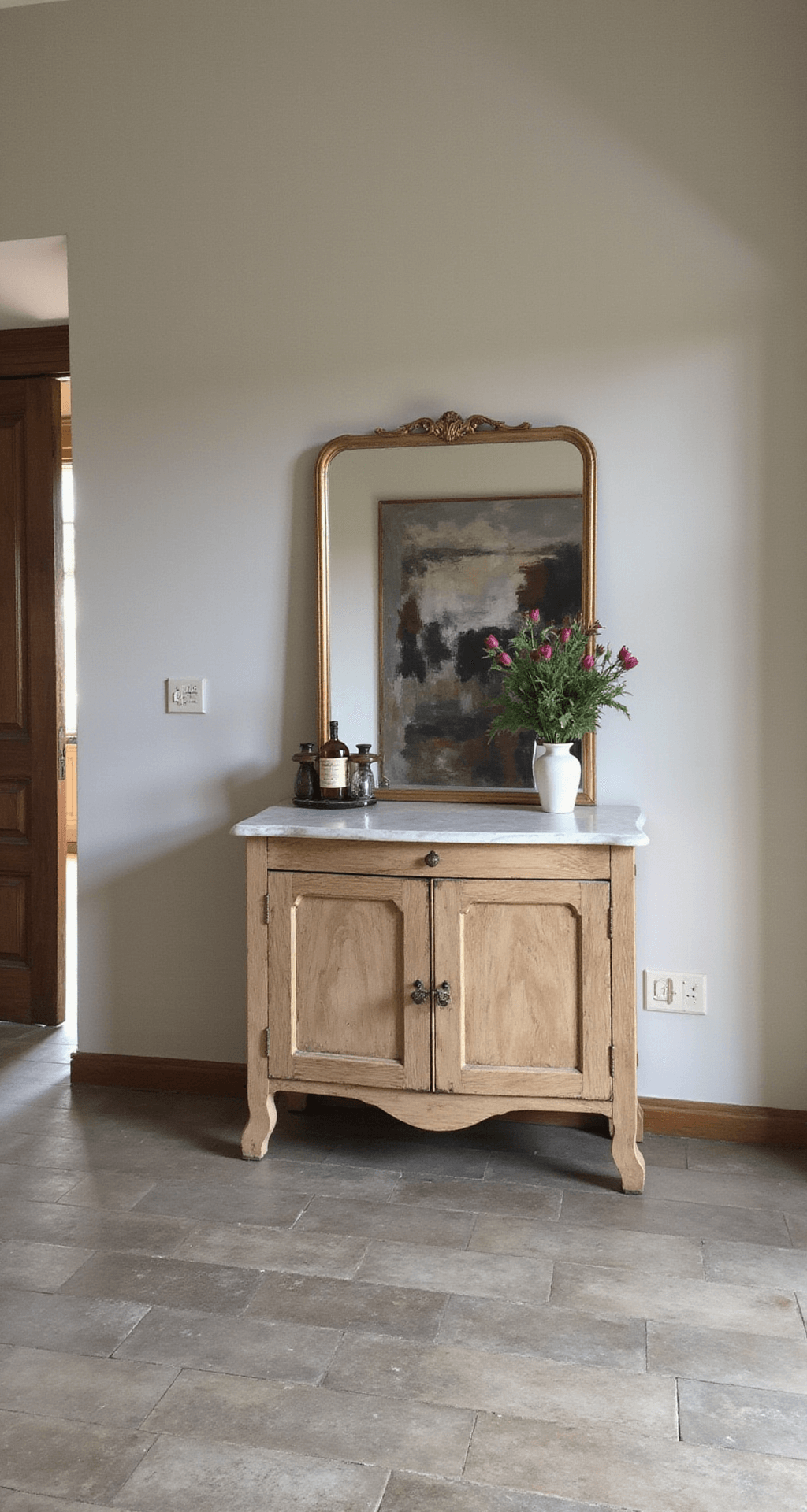 Klassieke entreehal met taupe lambrisering, antieke spiegel met gouden lijst, en een console tafel van gebleekt eiken met marmeren blad, verlicht door het ochtendlicht. Vintage messingvazen en een handgeweven loper completeren de inrichting, met abstracte kunst in neutrale tinten op de achtergrond.