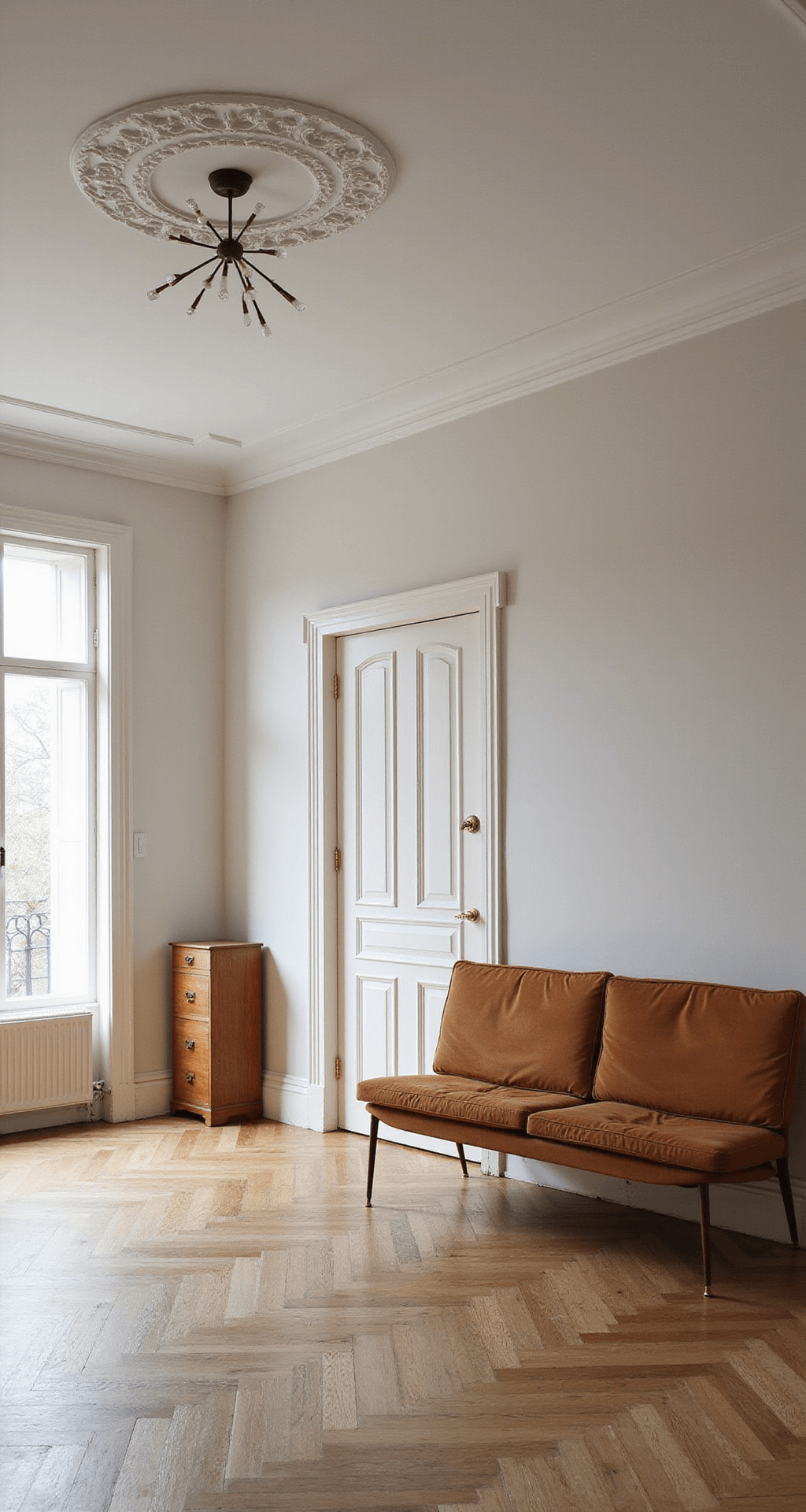 Ruime woonkamer met een lange witte muur in warme zandtinten, verlicht door ochtendlicht. Een vintage cognac leren bank staat diagonaal, achter een robuuste eiken wandkast, met kleurvlakken die doorlopen tot het plafond.