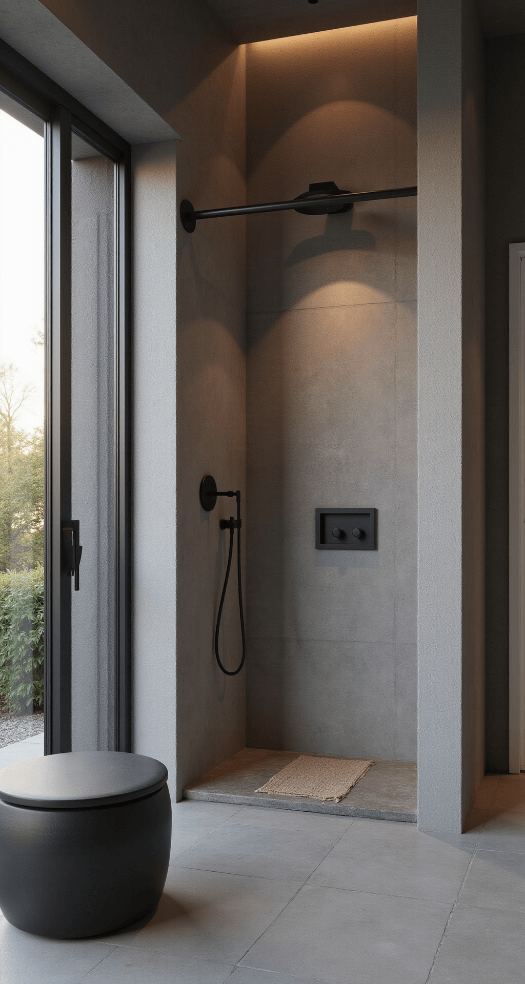 Minimalistische zen badkamer bij zonsondergang, met hoge ramen, Japandi stijl, grijze betonlook tegels, zwarte stalen douchewand, ingebouwd ton bad, zwevende wastafel in micro cement, bamboe accessoires en zwarte kranen, warme grijstinten en zwarte accenten, vanuit laag cameraperspectief.