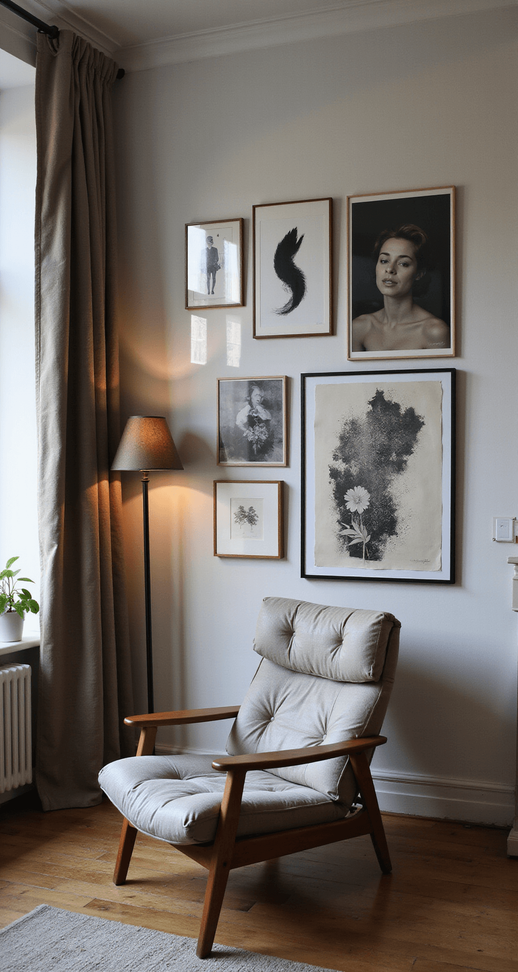 Intieme moderne woonkamer met een hoge gallery wall vol zwart-wit foto's, abstracte kunst en vintage posters in zwarte lijsten. Voor een mosterdgeel fluwelen mid-century fauteuil, verlicht door warme spotverlichting.