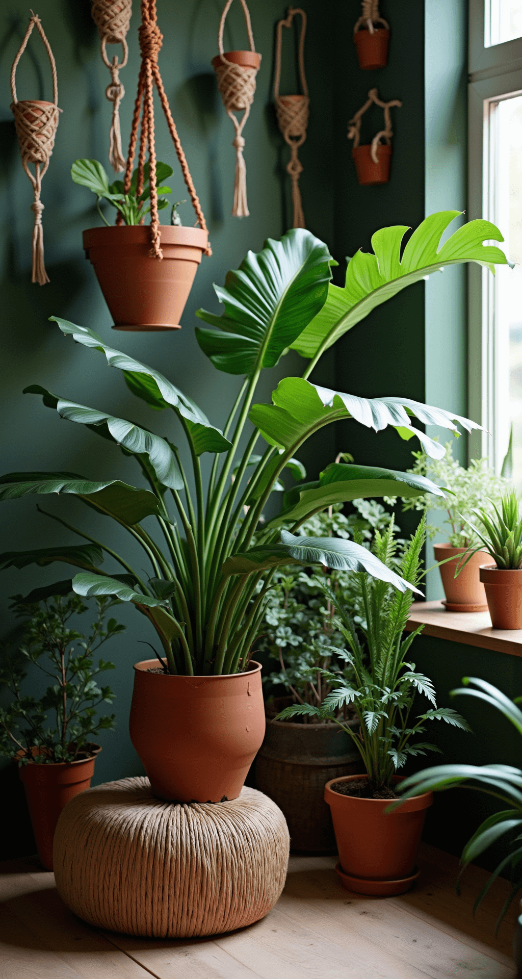 Botanische hoek met Monstera Deliciosa en Strelitzia in terracotta potten, hangend in macramé aan koperen buizen. Natuurlijk licht valt door glazen schuifpui en creëert schaduwspel. Rotan stoel met schapenvacht. Camerastandpunt vanaf de grond met tegenlicht en rim light, sfeer is organisch en sereen.