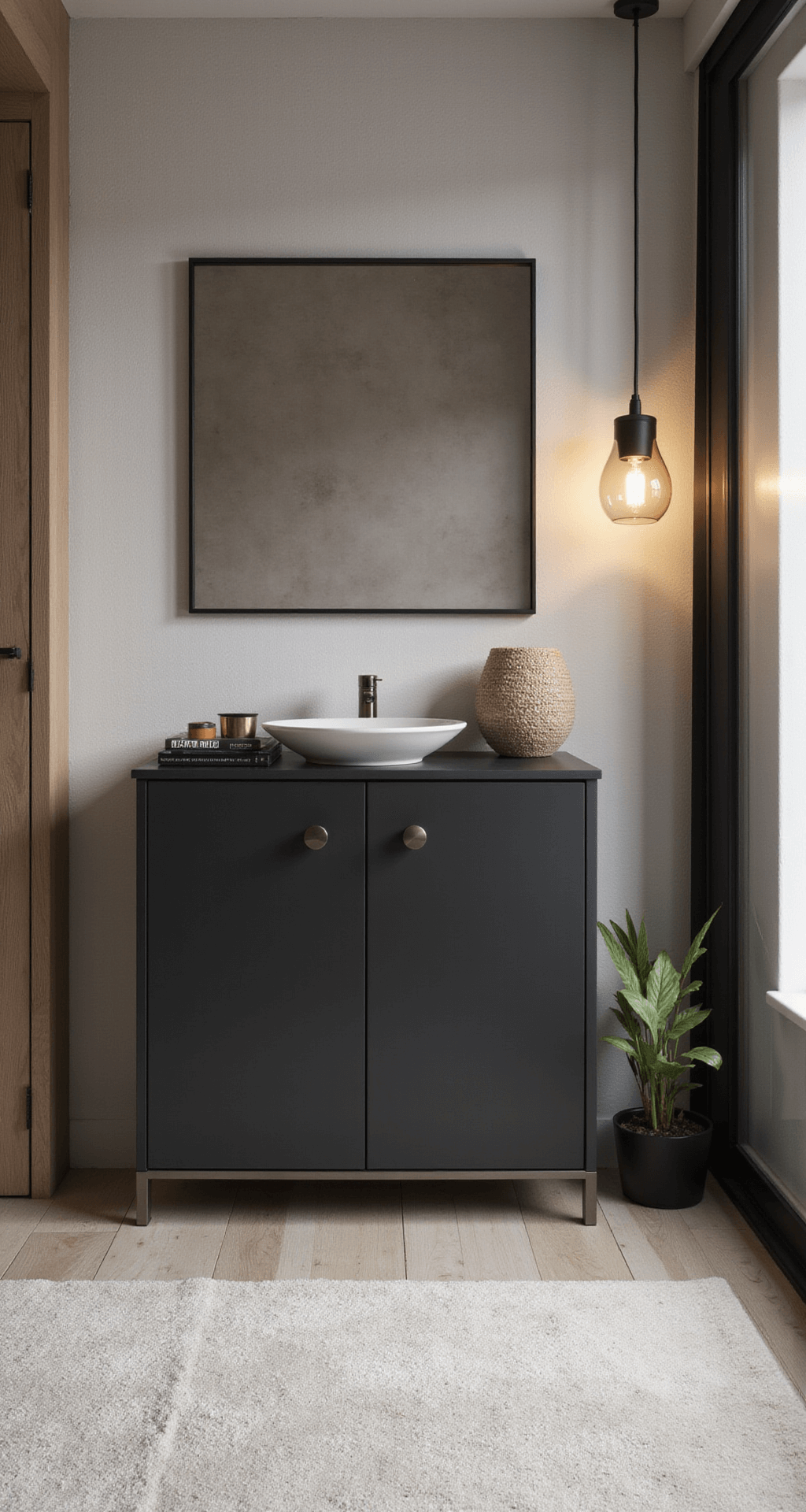 Minimalistische wandkast van 4 meter breed in mat zwart met eiken details, gestyled met keramiek, designboeken en messing objecten, geplaatst tegen een lichte muur. Avondzon zorgt voor warme accenten, met zwevende planken in een asymmetrisch patroon ernaast.