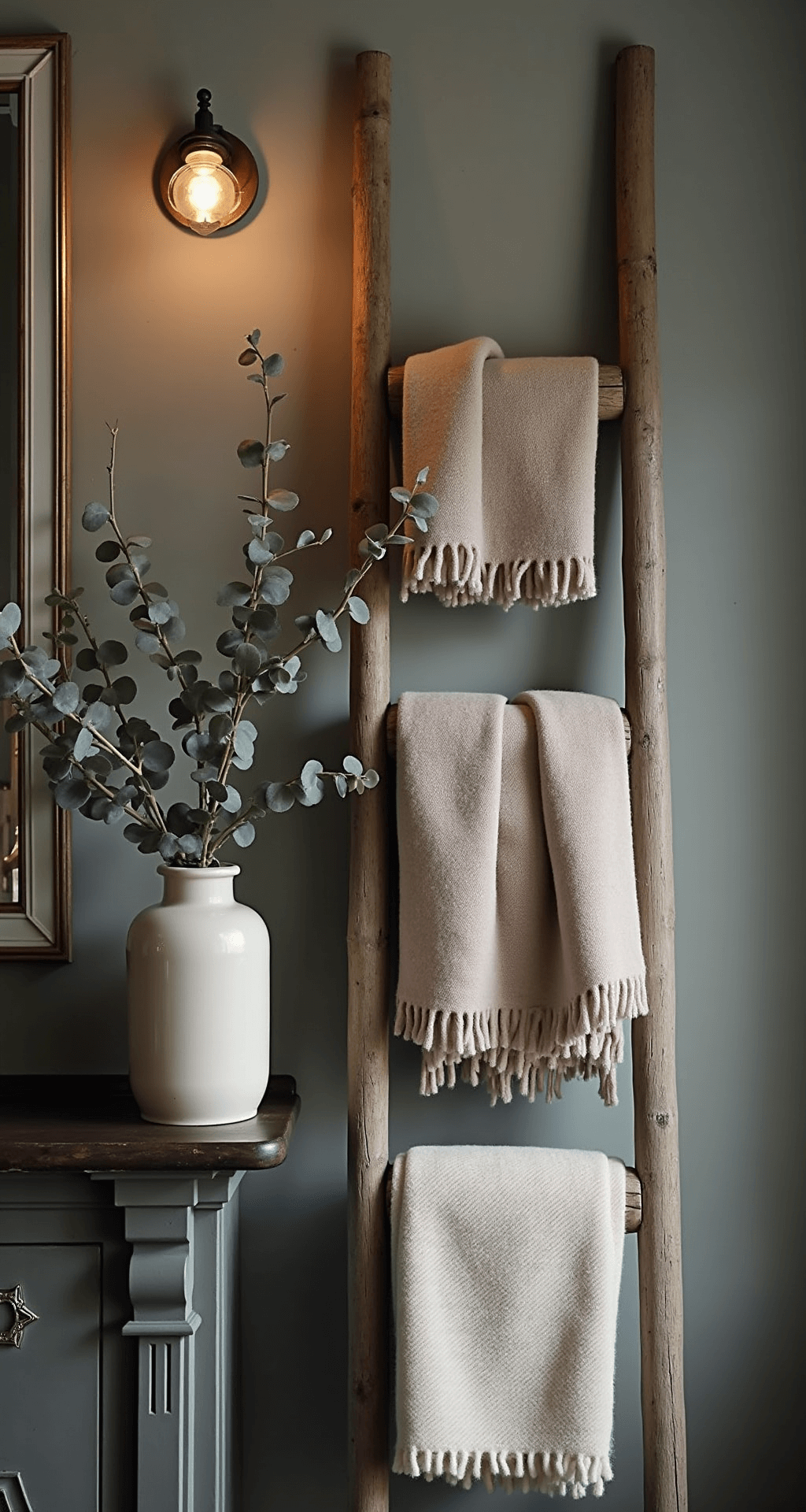 Een intiem detailshot van een winterse interieurstyling met een grote dennentak in een glazen vaas, een eucalyptuskrans aan de muur, en wollige plaids over een ladder. De grijze muur met koperen wandobjecten reflecteert het kaarslicht in vintage spiegels, en de warme, dramatische belichting creëert een hygge sfeer.