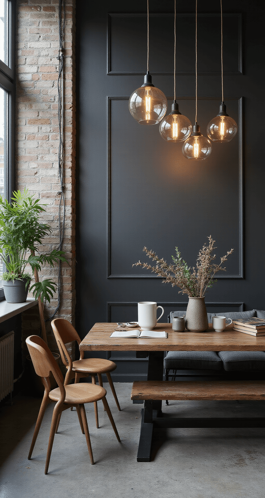 Moderne industriële ruimte met zwarte stalen wandrekken tegen een betonlook muur, gevuld met designobjecten, vintage boeken en een kleine urban jungle. Hanglampen van gerookt glas zorgen voor sfeervolle lichtcirkels in een moody, symmetrisch gefotografeerde setting.