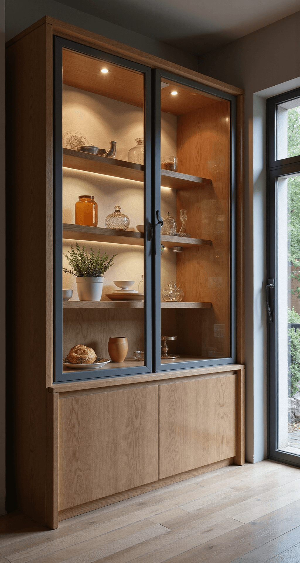 Een zonnige woonkamer met hoge ramen en een grote vitrinekast van donker eikenhout, gevuld met vintage keramiek op een zachtgrijs velours achterwand, verlicht door LED-spots. Natuurlijk daglicht valt schuin binnen, terwijl de camera vanuit een zittende positie is geplaatst, gericht op de kast met een zicht op de diepte van de ruimte. Kleurenpalet bestaat uit warm hout, crème, zachtgrijs, en terracotta accenten.