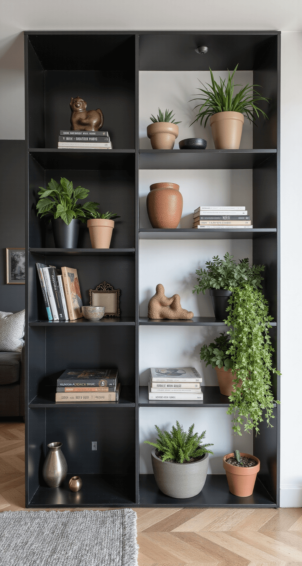 Een modern appartement met een open vakkenkast als roomdivider, bestaande uit een zwarte stalen constructie die tegen een witte muur zweeft. De vakken zijn gevuld met designboeken, planten en geometrische objecten. De sfeer is avondachtig met gerichte spotverlichting die schaduwen creëert. De camera staat op een hoek van 45 graden, waardoor de dieptewerking benadrukt wordt. De stijl is industrieel maar warm door de combinatie van zwart metaal, groen en houten accenten.