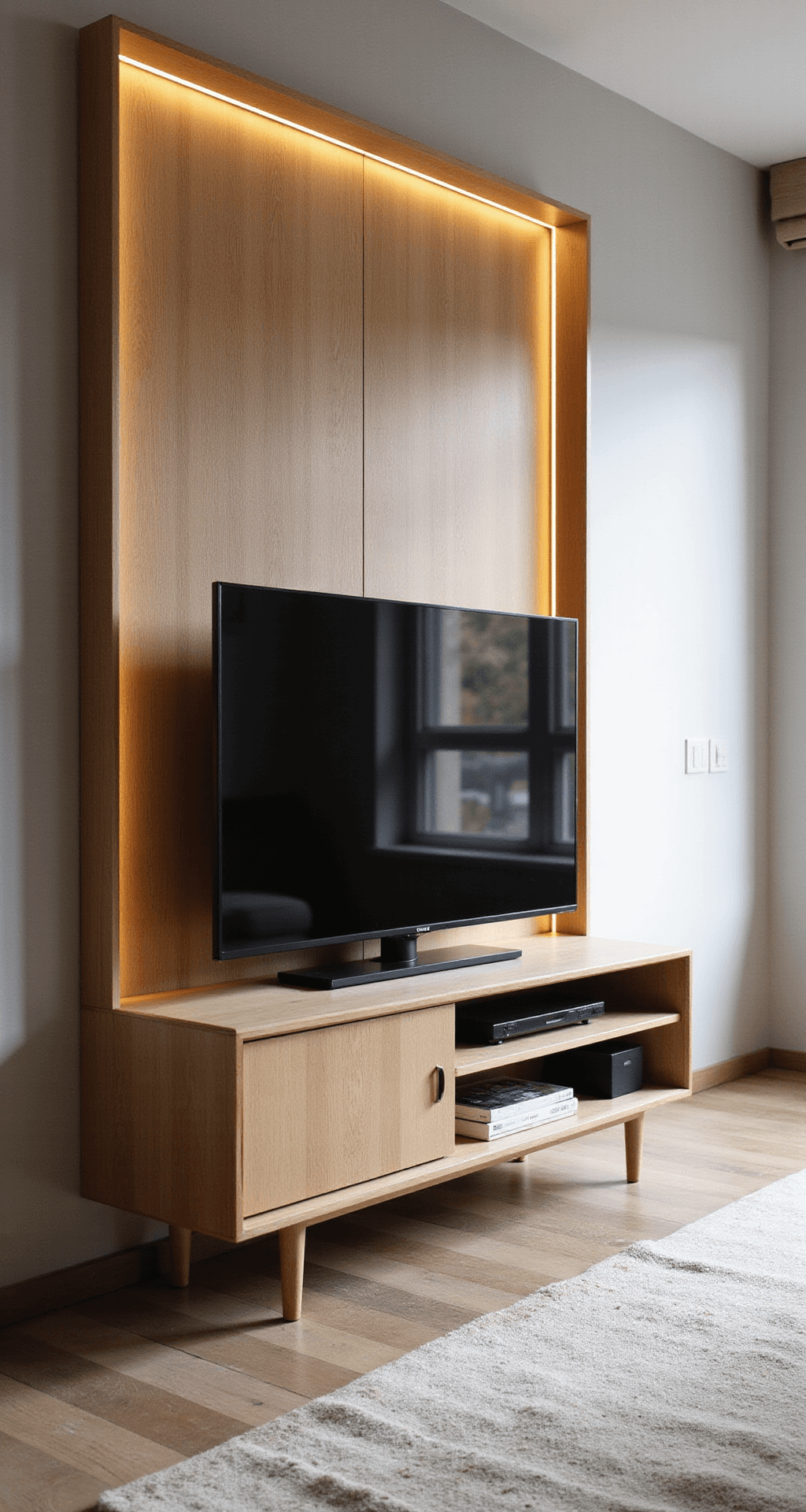 Minimalistisch tv-meubel in Japandi-stijl van licht eikenhout met subtiele ribbels, zwevend gemonteerd in een lichte hoekwoonkamer. Kabels zijn onzichtbaar weggewerkt achter bamboe schuifpanelen, met ochtendlicht dat een zachte sfeer creëert.