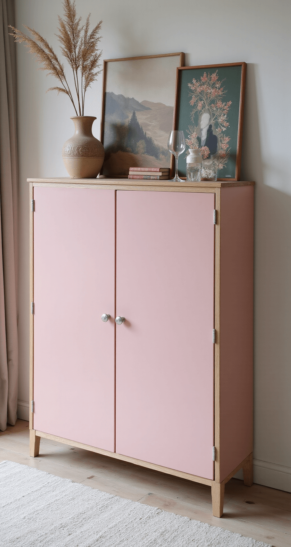 IKEA IVAR kasten in zachtroze met messing handgrepen en rietpanelen, in een jaren '30 woning met middaglicht door kanten gordijnen, gestyled met vintage vazen, kunstboeken en een zijde sjaal.