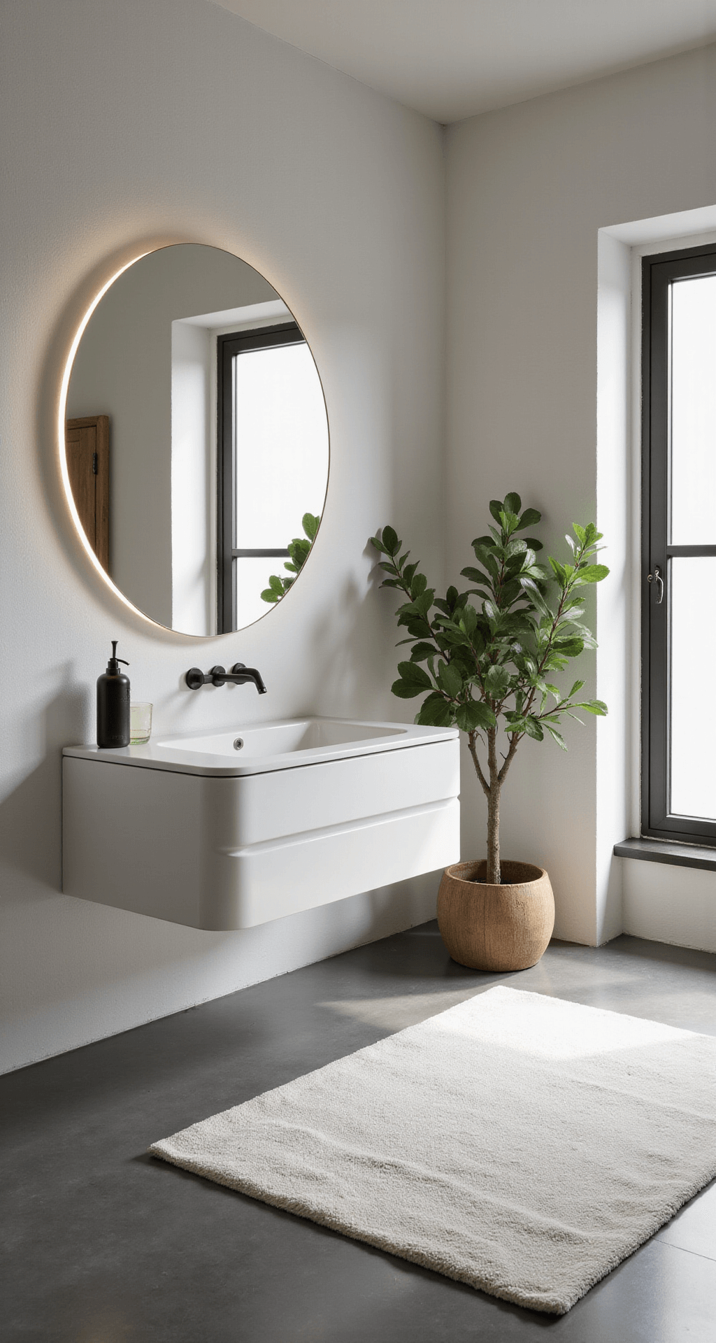 Een ruime, lichte badkamer met hoge ramen, zwevende eiken meubels, matte witte wandtegels, een ronde spiegel met LED-verlichting, een vrijstaand ovaal bad en een groene eucalyptusplant.