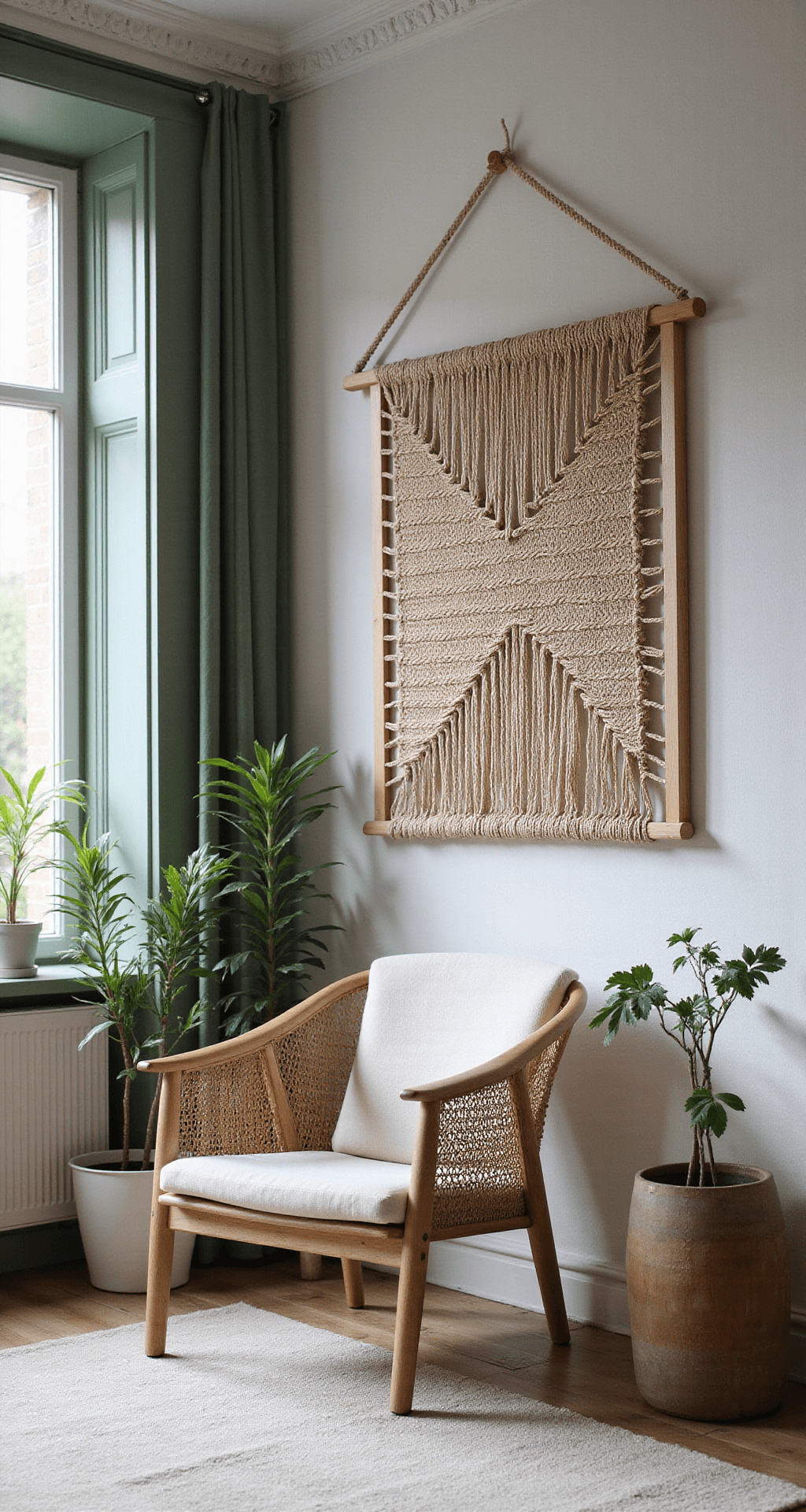 Scandinavische webbing kast met licht grenen frame en naturel webbing in een studio-appartement tegen een betonnen wand, omringd door hangplanten, met diffuus namiddaglicht door translucente gordijnen.