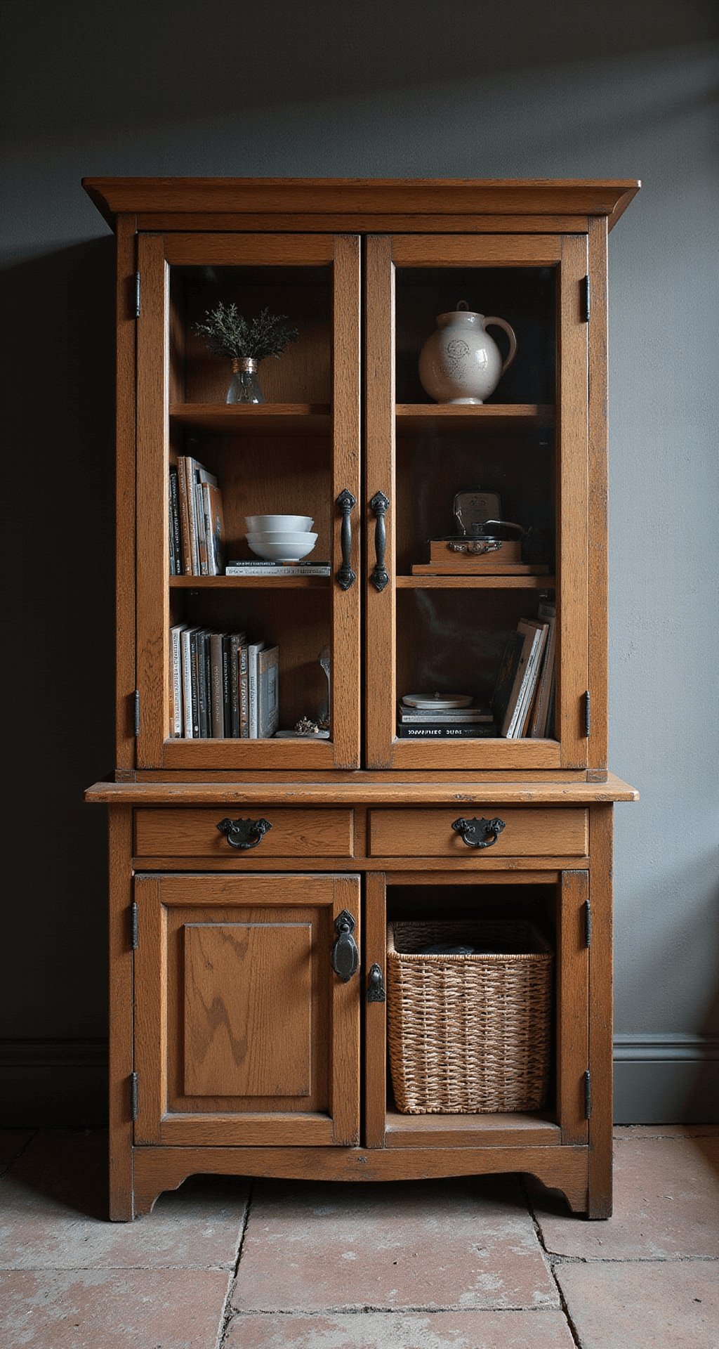 Industriële boekenkast van steigerhout en staal in een gerenoveerde fabrieksloft, gevuld met vintage objecten en een platenspeler; sfeervolle avondbelichting met lampjes, gefotografeerd met tegenlicht voor silhouetwerking.