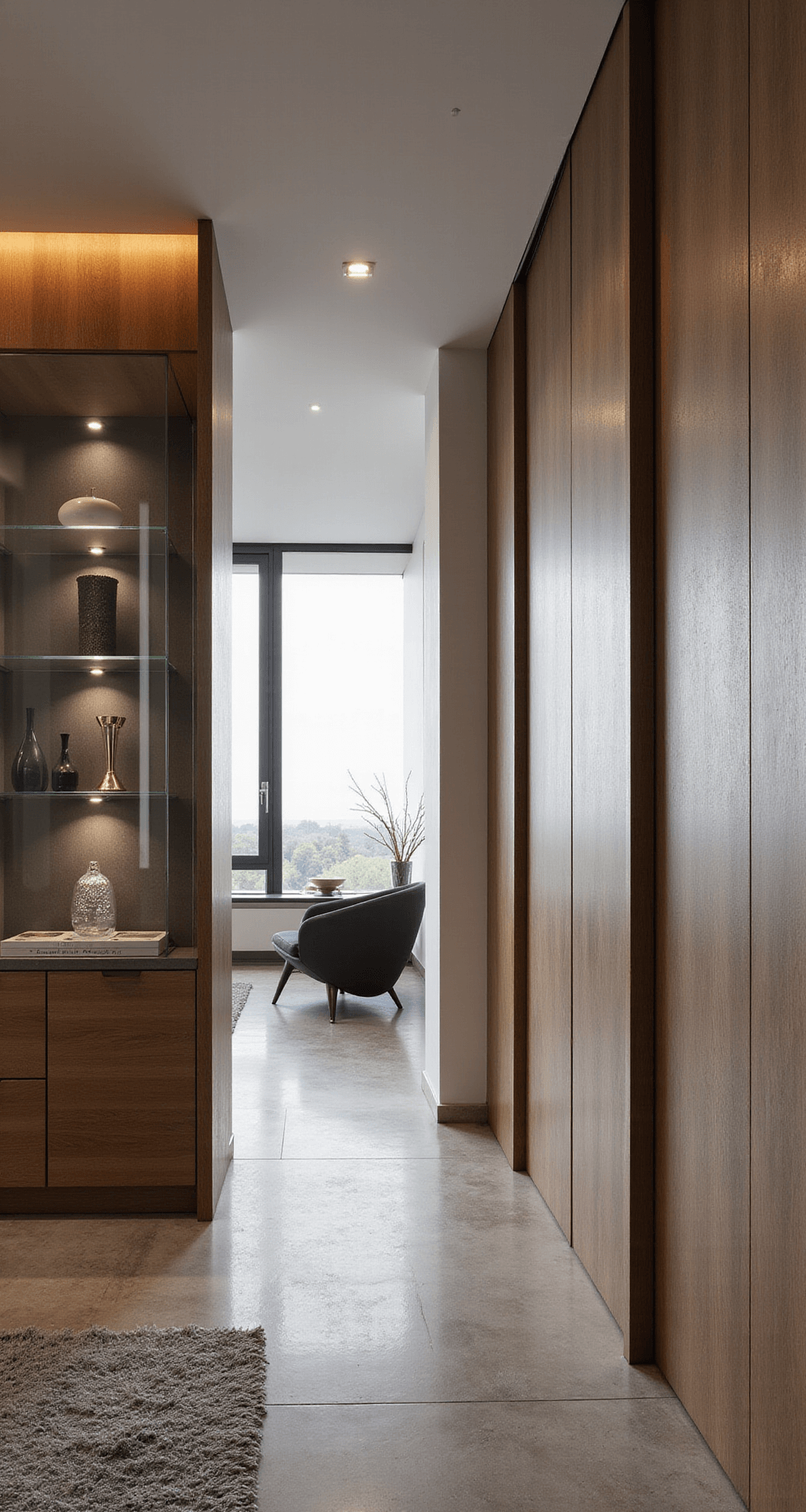 Moderne wandkast in een penthouse met champagnekleurige aluminium lamellen, glazen vitrine met designobjecten, verlicht door verborgen strips, en zonsonderganglicht door vloer-tot-plafond ramen, met luxe materialen zoals geborsteld metaal, gerookt glas en marmeren accessoires in goud en grijs.