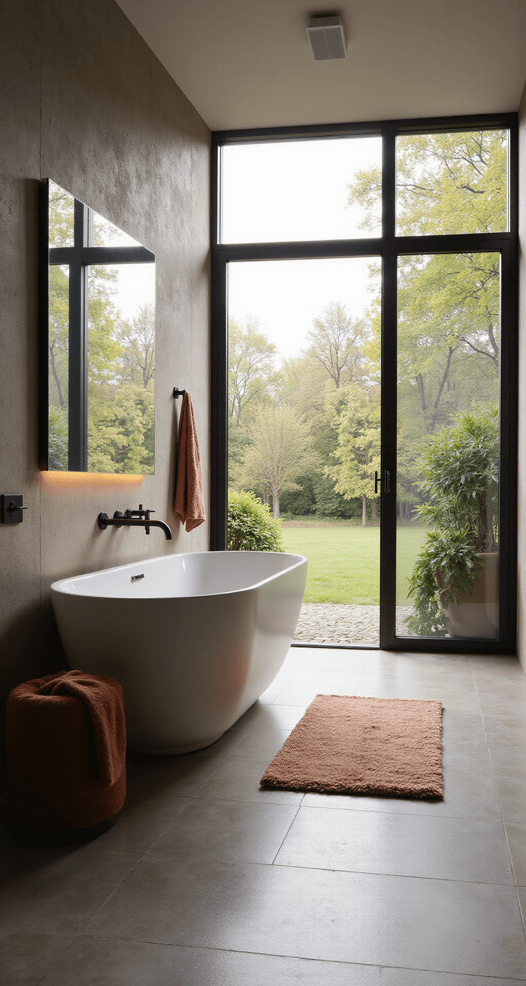 Ruime badkamer met vrijstaand ovaal bad, eiken wastafelmeubel en microcement wanden, verlicht door ochtendzon vanuit groot raampje.