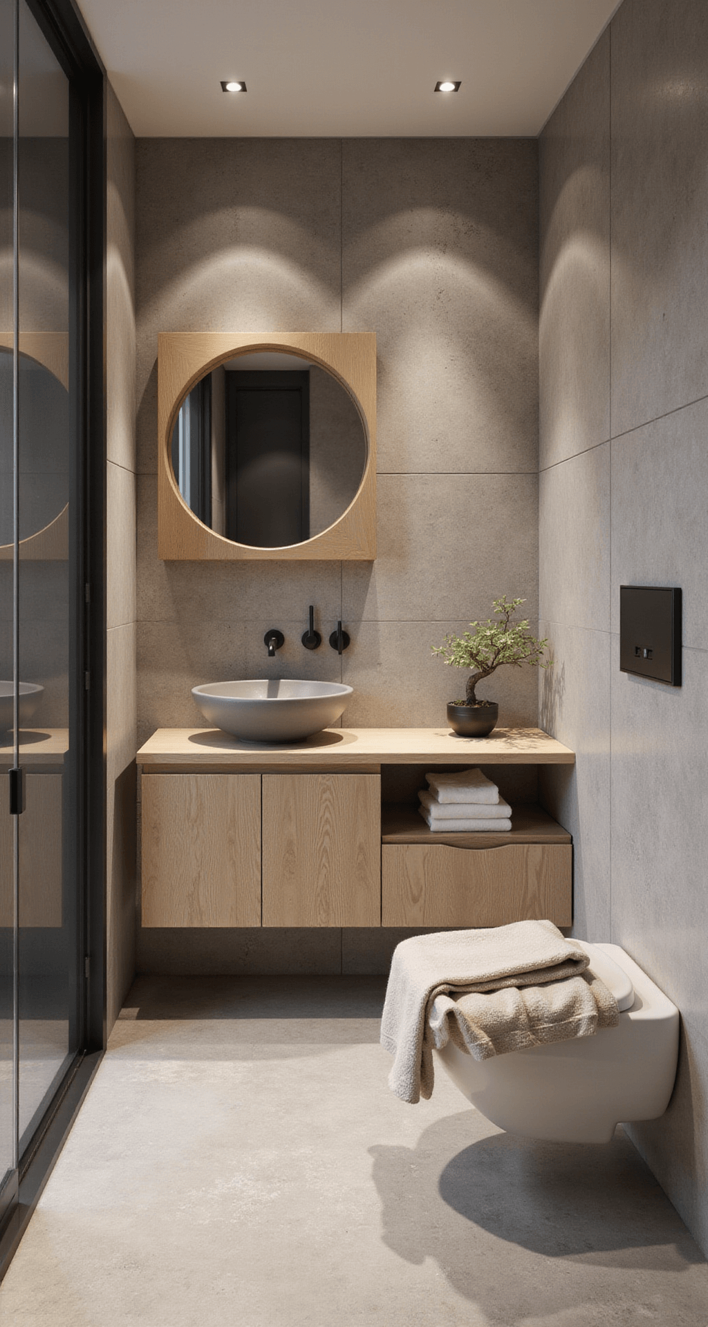 Compacte zen badkamer in Japandi stijl met zwevend bamboe wastafelmeubel, zwarte kom, inloopdouche met glazen wand, en grijze natuursteen tegels in visgraatmotief. Accentverlichting en zachte natuurlijke belichting zorgen voor een sfeervolle uitstraling.