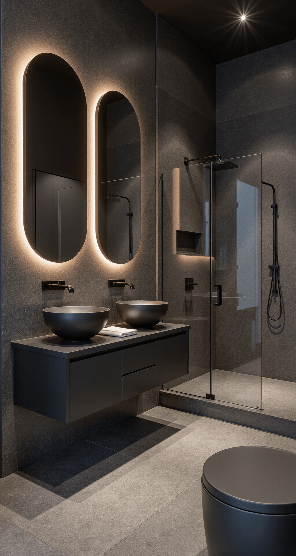 Moderne spa-badkamer in schemering met vrijstaand zwart composiet bad voor een raam, dubbele wastafels in gevlekt marmer op zwevend eiken meubel, tadelakt leisteengrijze wanden, antraciet tegels, koperen handdoekrek met ecru handdoeken, en een grote monstera in zwarte pot, gefotografeerd vanuit een verhoogd perspectief met dramatische avondsfeer en indirecte LED-verlichting.