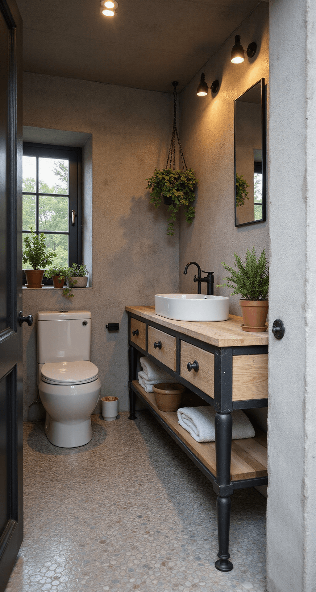 Industriële familiebadkamer met betonlook wanden, houten ladekast met dubbele waskom, hexagon vloertegels in warmgrijs, zwarte stalen douchewand, vintage apothekerskast, terracotta plantenpotten met varens en linnen gordijnen die het middaglicht filteren.