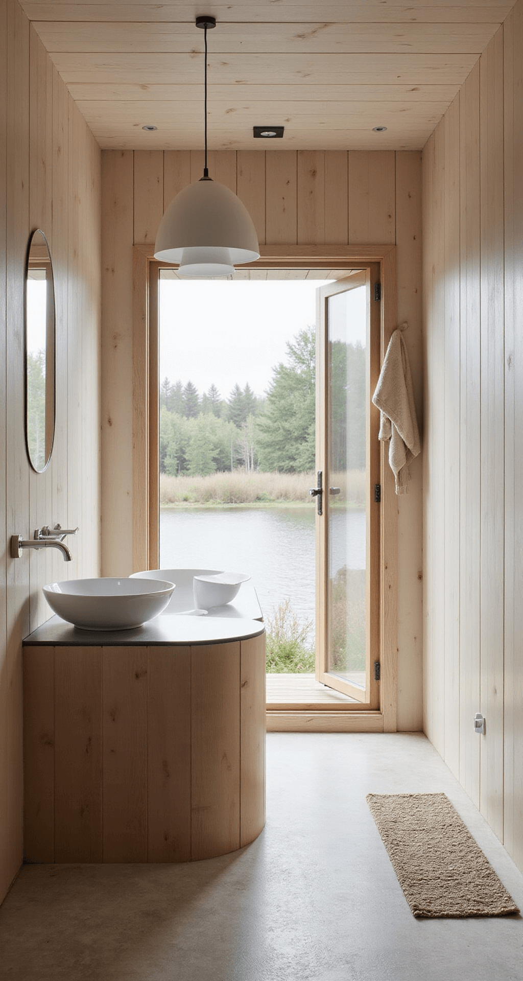Wellness badkamer in Scandinavische stijl bij zonsopgang, met witte muren, houten lamellen, warme terrazzo vloer, koperen spiegel boven eiken wastafel, licht houten sauna, naturel wollen tapijt, messing hanglamp boven vrijstaand bad, intiem perspectief en zacht morgenlicht door dakraam.