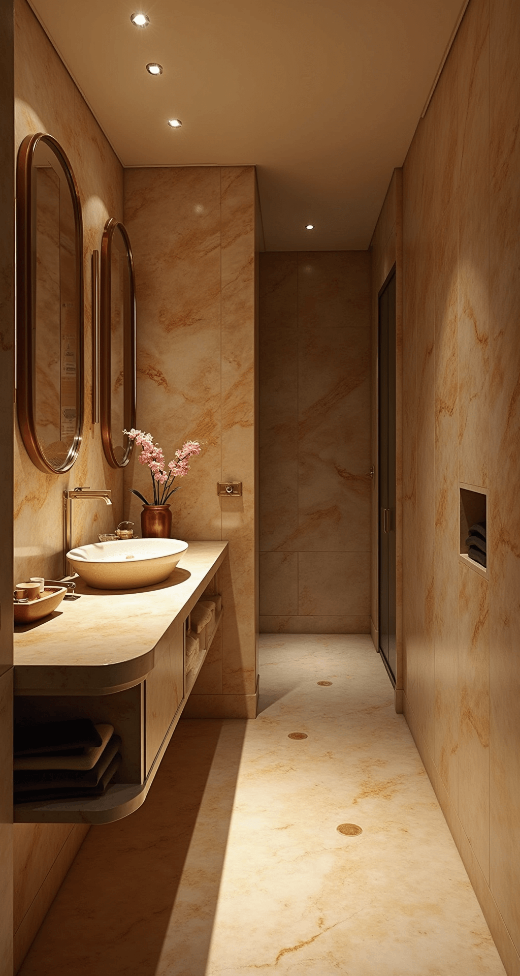 Luxe hotelbadkamer (6x4m) met marmeren honey gold wanden, zwevend wastafeleiland van donker eiken en gouden kranen. Inloopdouche met champagne mozaïek en een oudroze fluwelen poef. Orchideeën in messing potten, sfeerverlichting in nissen en dramatische schaduwwerking.