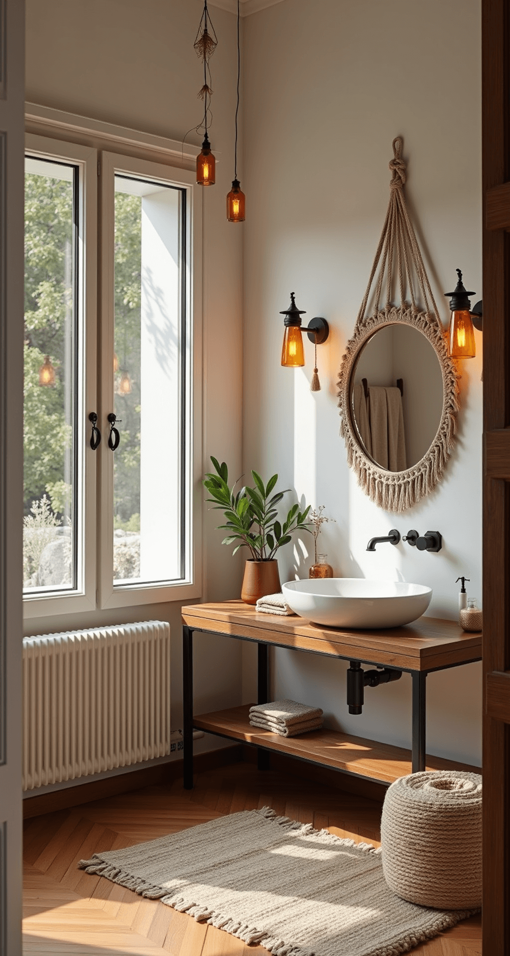 Bohemian badkamer met gebroken witte zellige tegels, een vintage wastafelmeubel van verweerd teak, handgeblazen glazen hanglamp in amber, en terracotta Marokkaanse vloertegels. Macramé wandhanger met eucalyptus en rieten manden met linnen in warme middagzon door glas-in-lood, gezien op ooghoogte vanaf de deur met koperkleurige wandlampen voor sfeerverlichting.