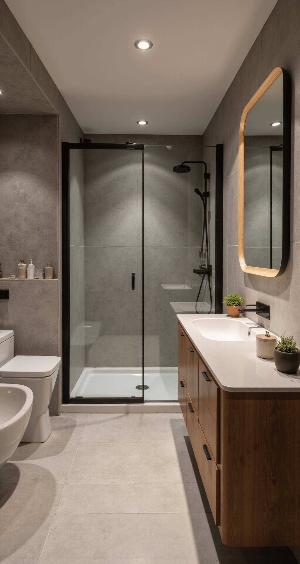Compacte badkamer met inloopdouche, betonlook tegels, zwevend eiken wastafelmeubel, koperkleurige kranen en vetplanten. Warme spotverlichting in avondschemering.