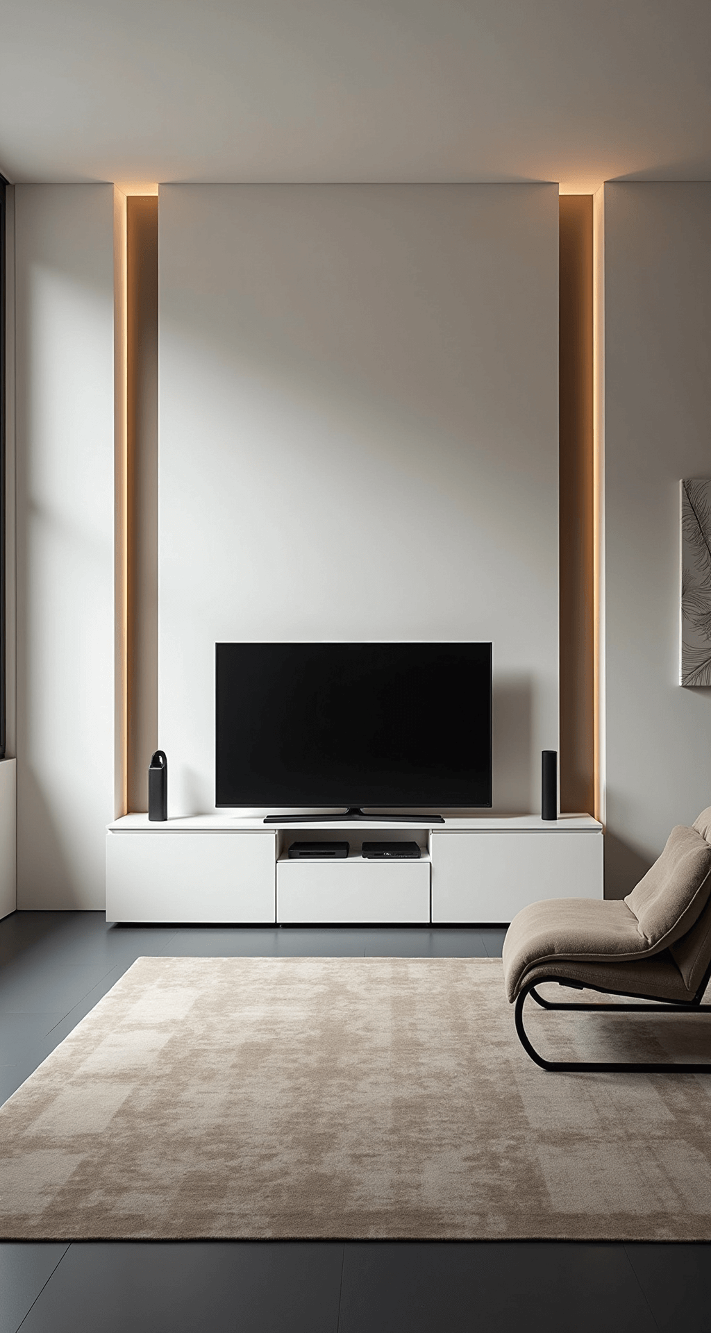 Minimalistische woonkamer van 6x8 meter met hoge ramen en middaglicht. Centraal een zwevend wit tv-meubel tegen een lichtgrijze muur, met verborgen LED-verlichting. Rechts een beige linnen designfauteuil en links een zwarte metalen bijzettafel. Een zacht roomwit tapijt completeert de ruimte.
