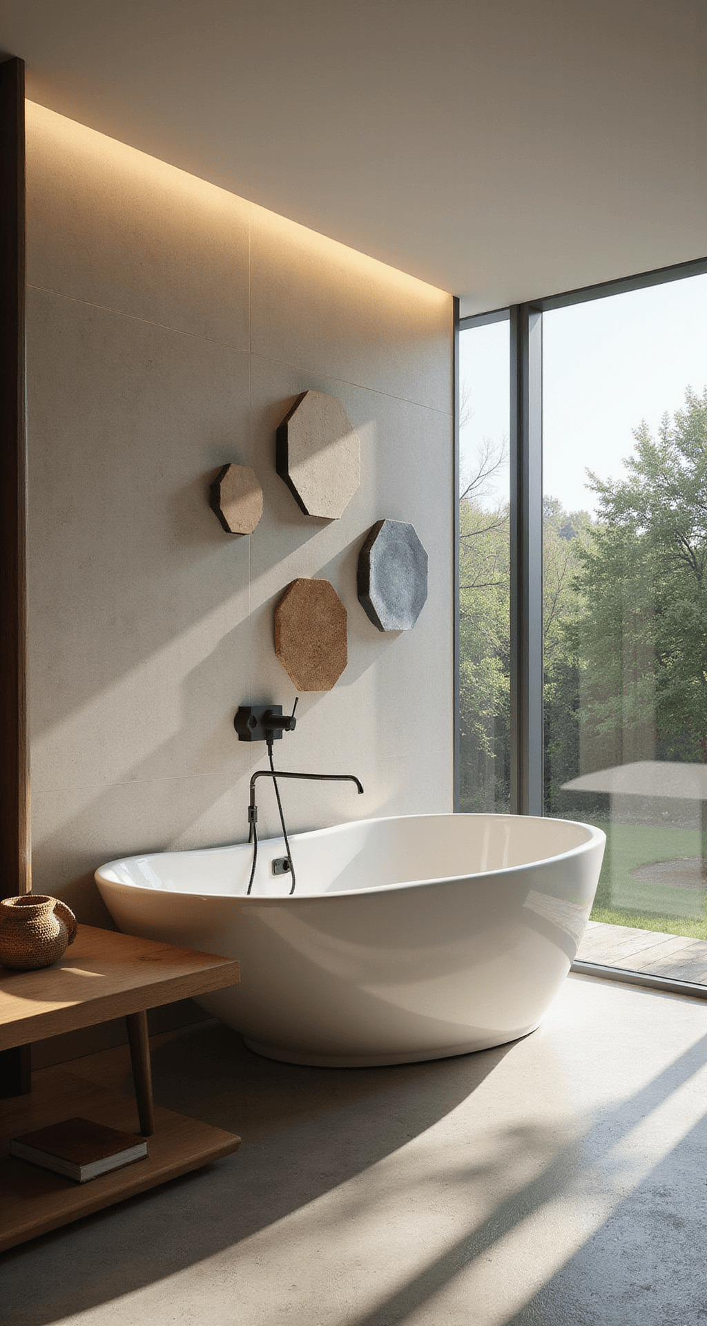 Luxe masterbadkamer met dubbele zwevende wastafel, eiken onderkast, panoramaraam met groen uitzicht, hexagonale lichtgrijze wandtegels, centraal vrijstaand rond bad en gouden accessoires, gezien vanuit een vogelperspectief met dramatische natuurlijke lichtval.