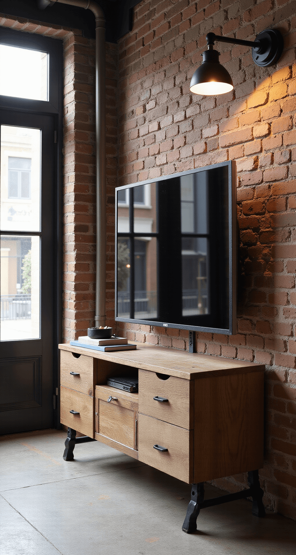 Industriële loft met hoge plafonds, een bakstenen muur en een massief tv-meubel van gerecycled eikenhout. Vintage lamp en warme verlichting van grote ramen, met een cognackleurige leren bank op de achtergrond en een betonnen vloer.