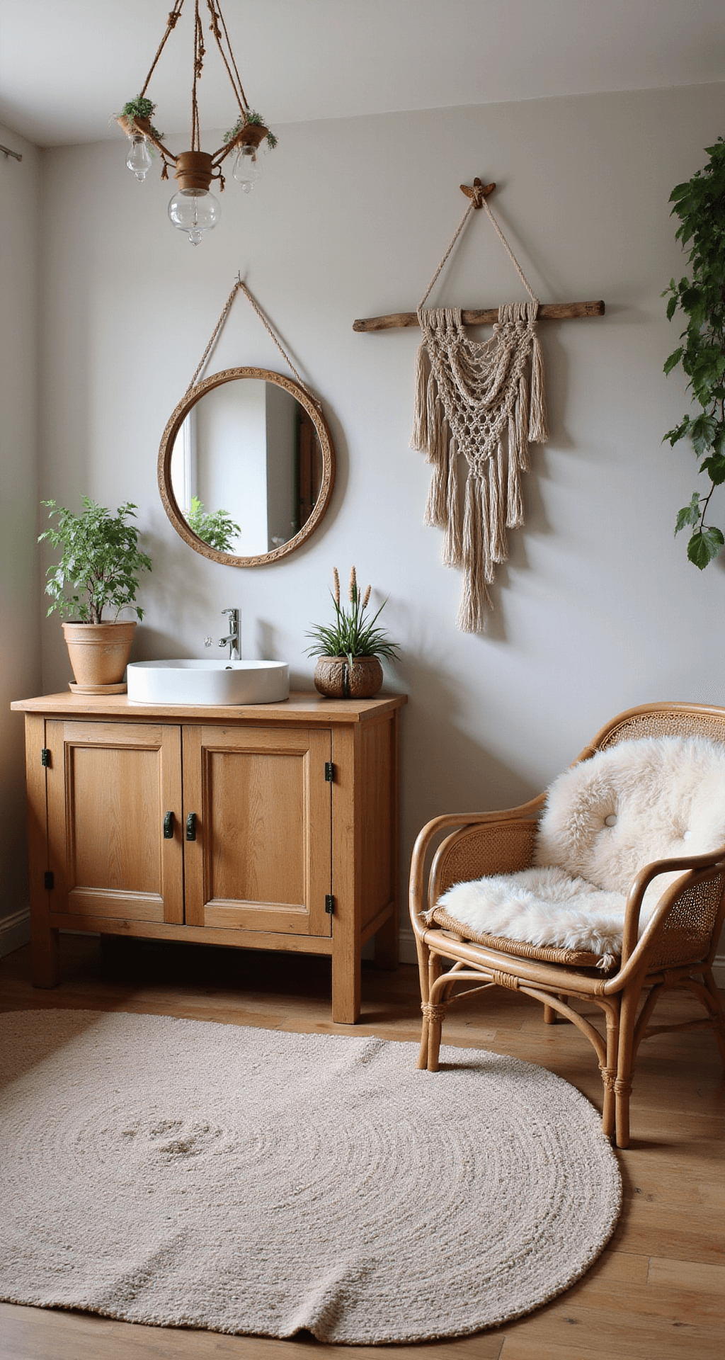 Bohemian woonkamer in ochtendlicht met teakhouten tv-meubel, macramé wandhanger, Perzisch tapijt, rotan fauteuil met sheepskin en hangplanten in terracotta potten.