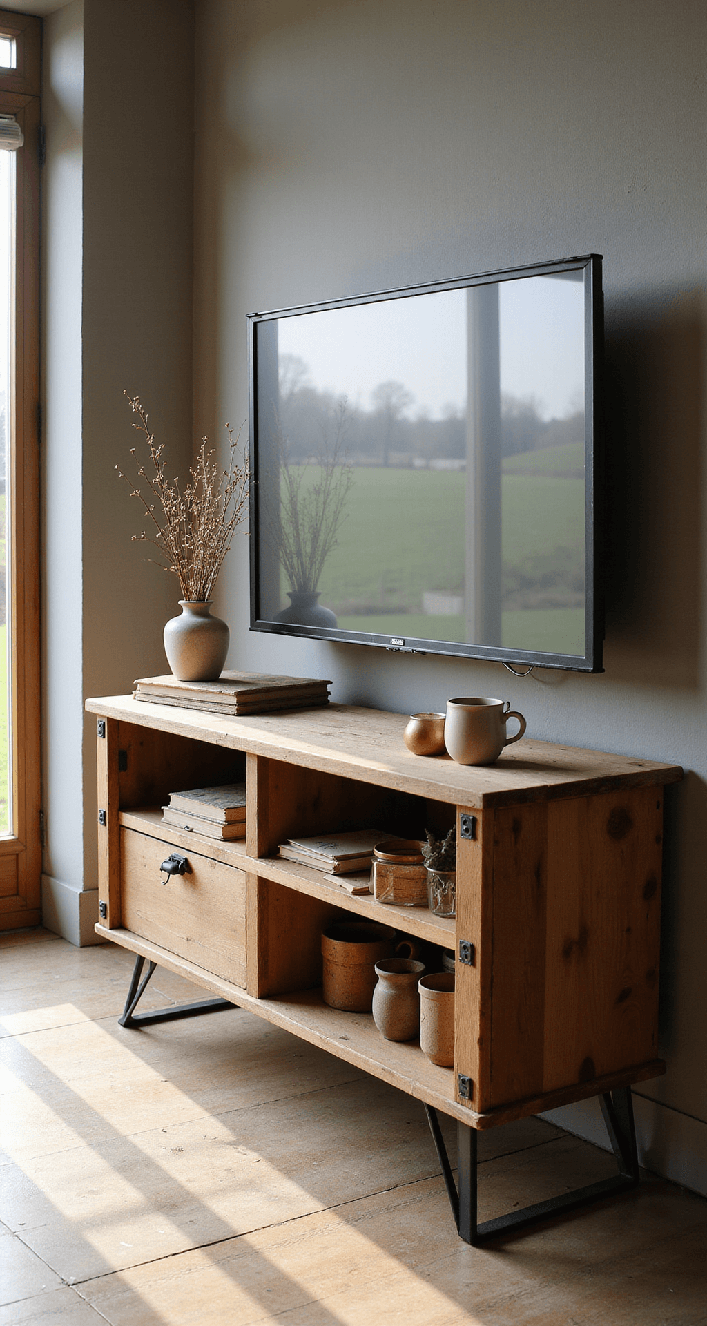 DIY tv-meubel van gestapelde vintage wijnkisten met industriële zwarte hairpin poten, verlicht door gouden middaglicht. Decoratie met oude boeken en keramiek op een visgraat parketvloer.