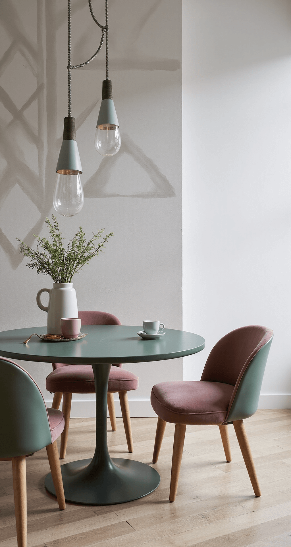 Moderne klassiek interieur met een IKEA Besta meubel, sage groene fronten en messing handgrepen. Symmetrische indeling met twee identieke tafellampen en een dusty pink velours accentstoel. Geometrisch behang als achtergrond en zijwaarts binnenvallend daglicht.
