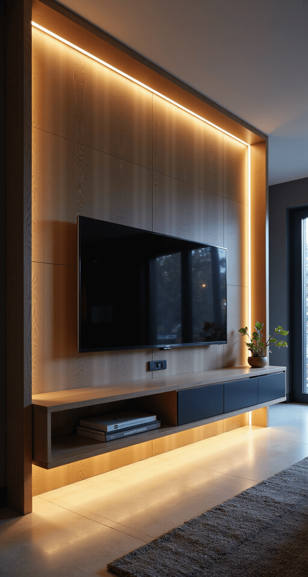 Avondscène met een zwevend tv-meubel van donker walnoot, omringd door warm LED-achtergrondverlichting en een elegante vloerlamp met dimmer. De ruimte is aangekleed met een wollig vloerkleed, linnen gordijnen en fluwelen kussens, gefotografeerd vanuit een hoek voor een dramatisch lichtspel.