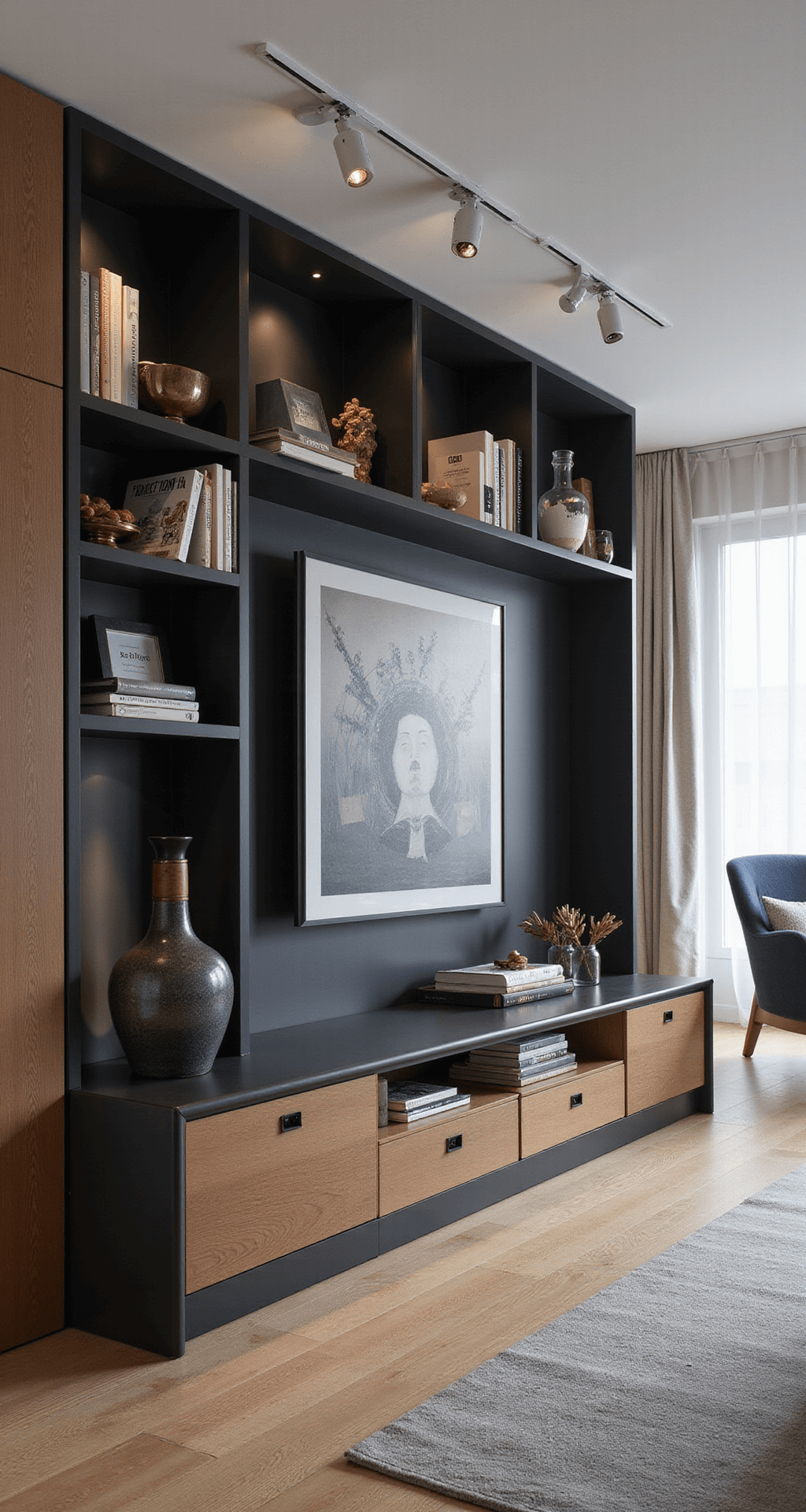 Multifunctionele woonruimte met maatwerk tv-wandmeubel in mat zwart en eiken fineer, gestyled met kunst, boeken en vazen. Symmetrische inbouwspots en sheer gordijnen filteren het middagzonlicht. Een bank in Steel Blue linnen complementeert de ruimte.