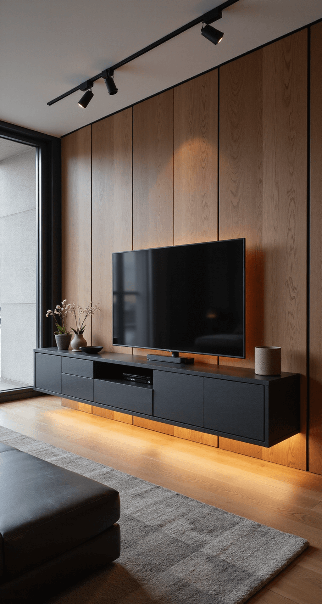 Ruime, lichte woonkamer met hoge plafonds en grote ramen, minimalistische styling, een zwevend zwart MDF tv-meubel boven een lichtgrijze PVC-vloer, cognackleurige leren bank en warme LED-verlichting.