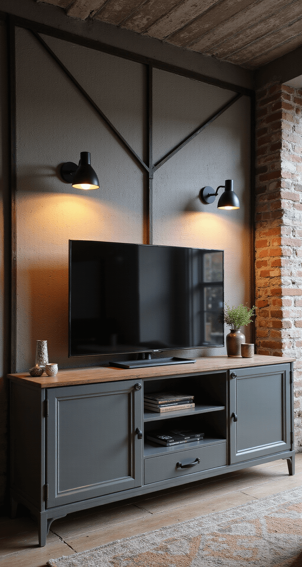 Een industriële loft-stijl woonruimte met een betonnen plafond, avondverlichting en een matzwart metalen zwevend tv-meubel, omgeven door stalen framewerk met houten planken en vintage decorstukken, tegen een achterwand van blootgestelde bakstenen en verlicht door industriële hanglampen in een kleurenpalet van grijs, zwart en roesttinten.
