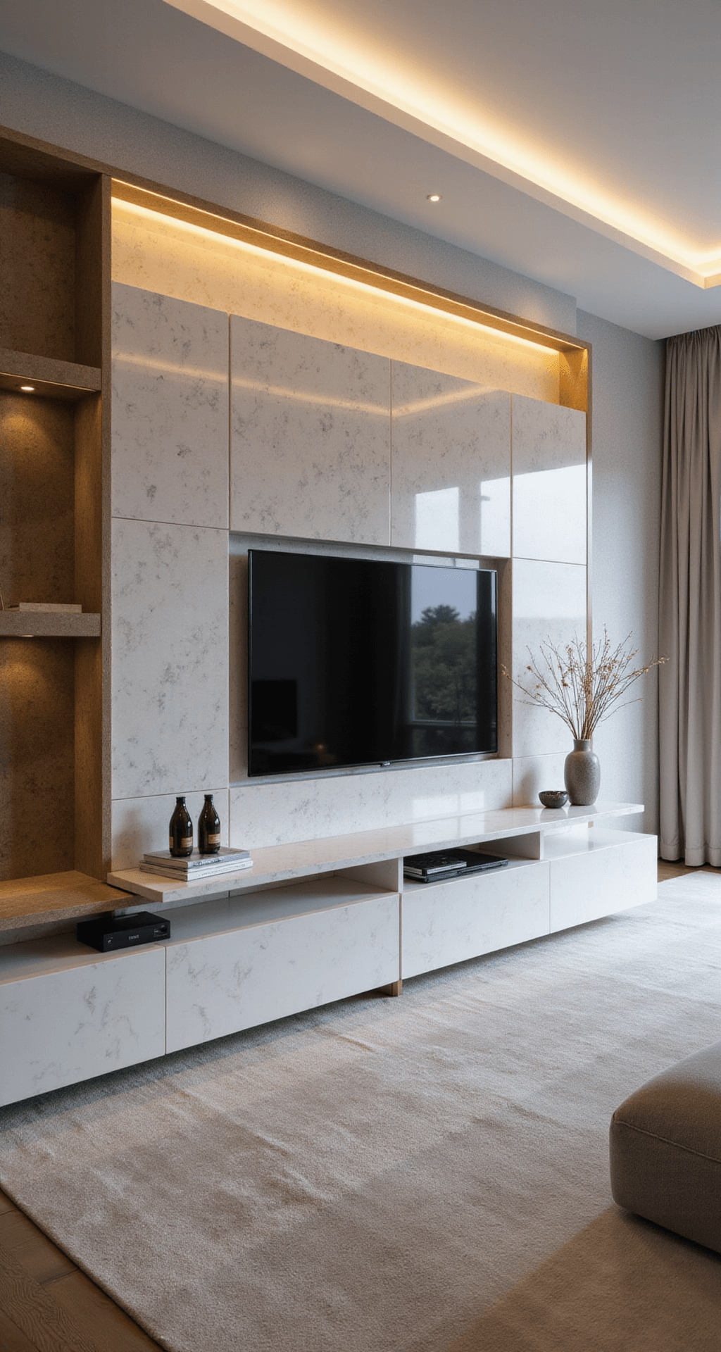 Moderne penthouse woonkamer bij zonsondergang met een marmerlook zwevend tv-meubel, gouden details, grote raampartijen met stadszicht, luxe styling en een kleurenschema in wit, grijs en goudaccenten.