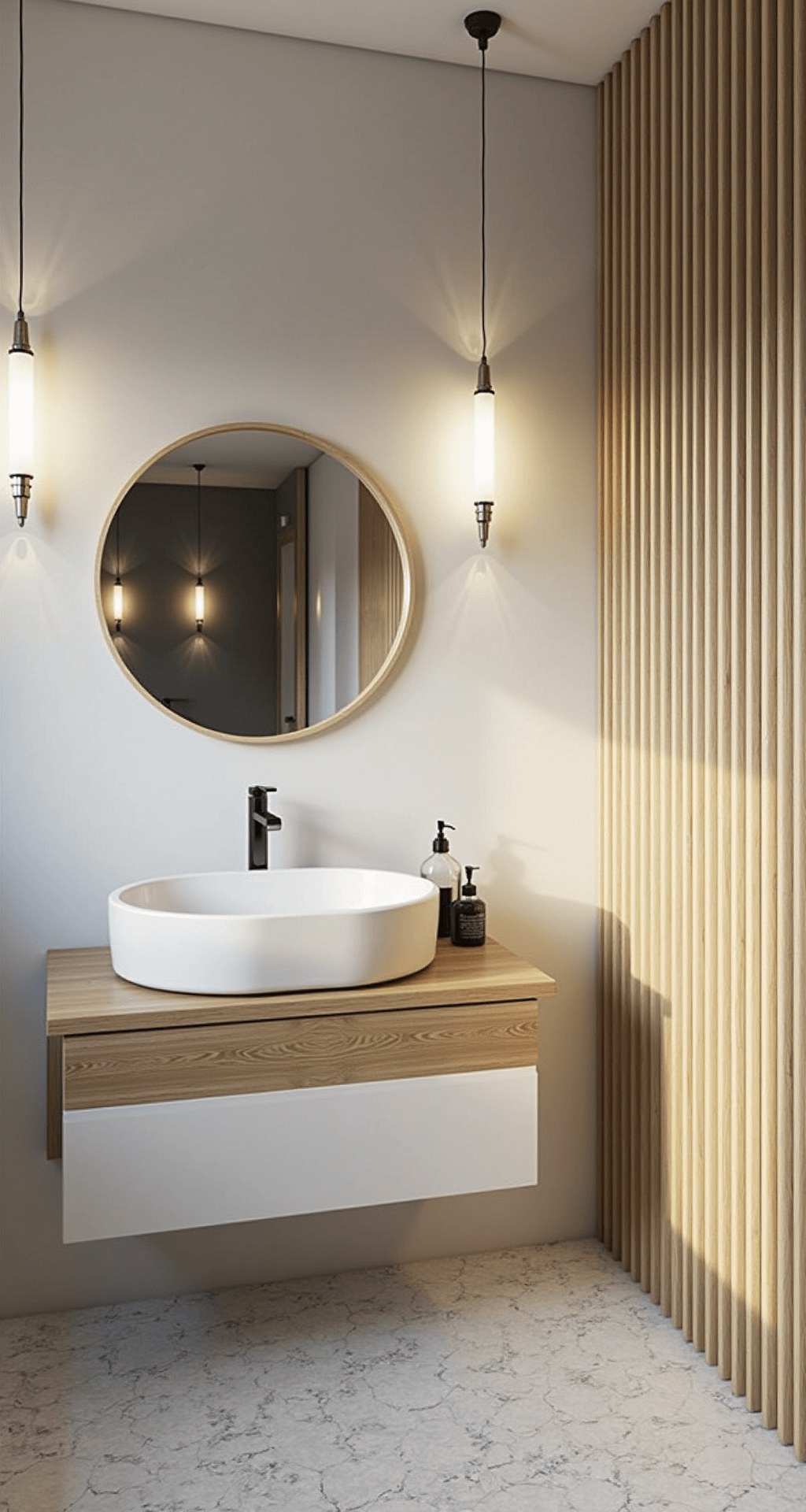 Moderne familiebadkamer bij zonsopgang met terrazzovloer in pasteltinten, zwevend toiletmeubel en wastafel in mat wit, houten wandpanelen tot halve hoogte, ronde spiegels met bamboe frames en opbergnissen met LED-verlichting, gefotografeerd in golden hour.