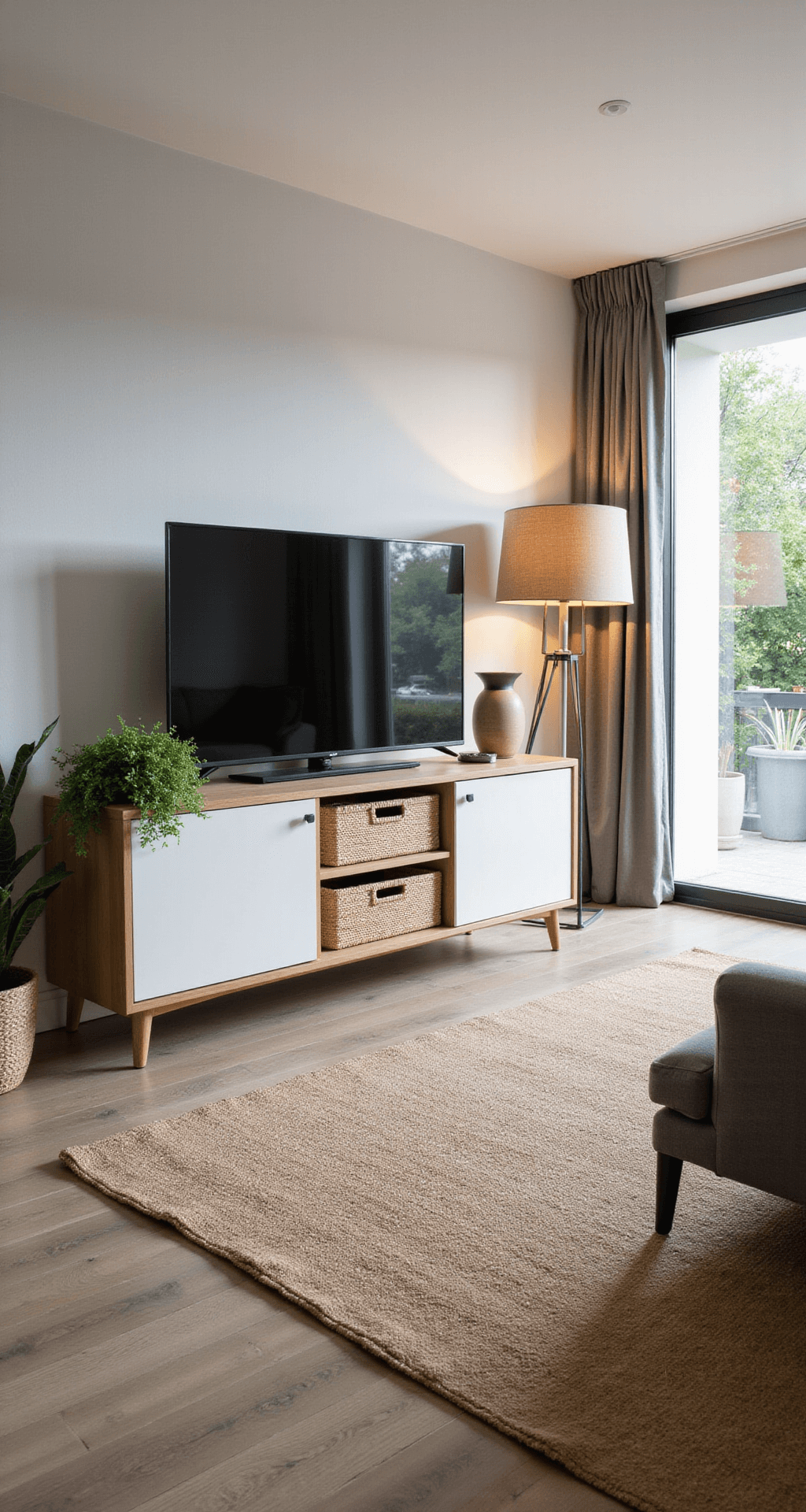 Knusse woonkamer in stadswoning tijdens ochtendlicht, met maatwerk zwevend tv-meubel in mat wit en eiken elementen, botanische styling, groene planten, jute vloerkleed, linnen kussens en warme sfeerverlichting.
