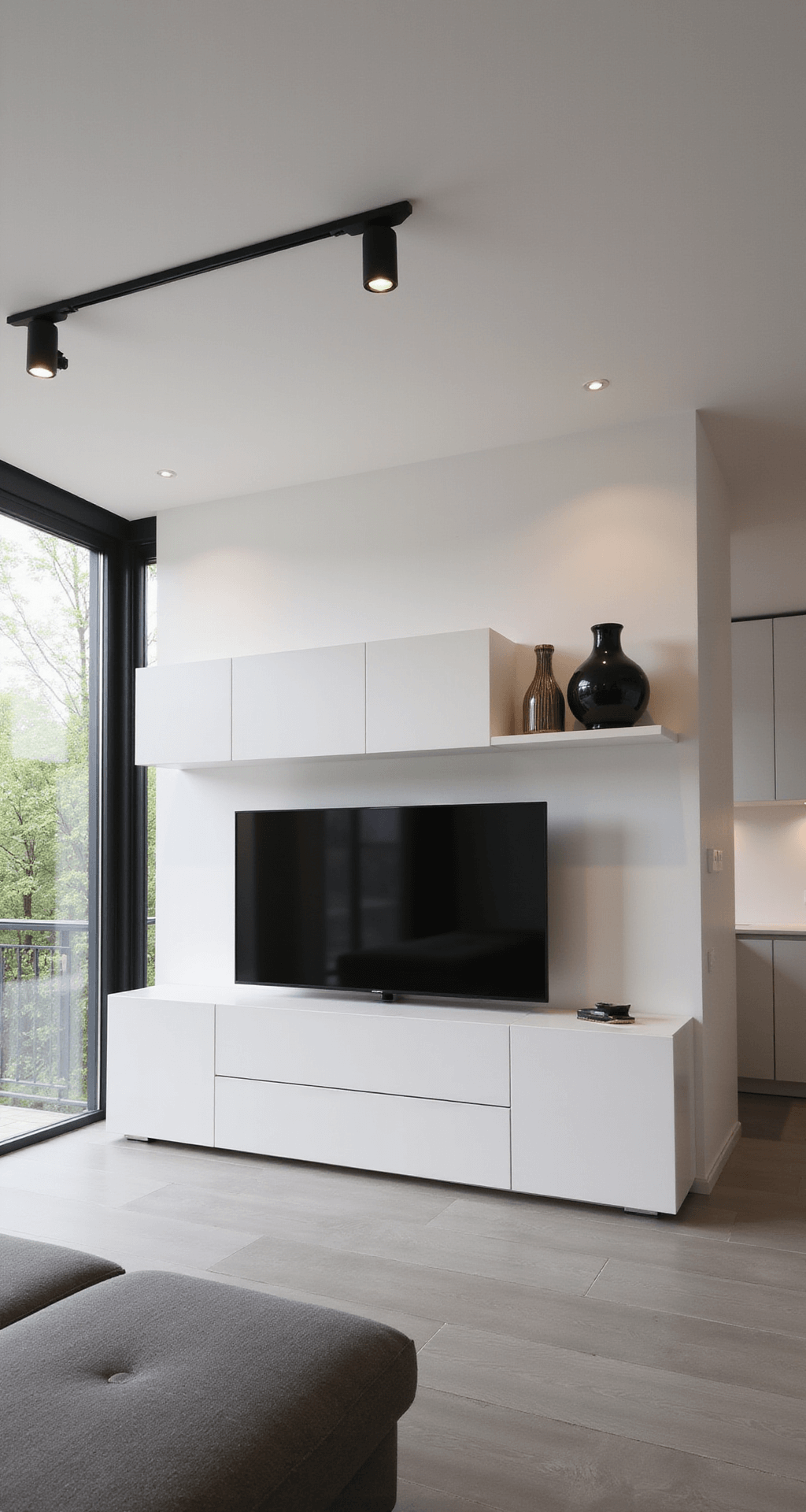 Minimalistisch appartement in schemerverlichting met een ultrastrak zwevend tv-meubel in hoogglans wit, Japandi-stijl keramiek en bamboe accessoires. Zwarte spotlights accentueren de visgraat parketvloer en geometrische patronen in een monochroom zwart-wit schema met houten accenten.