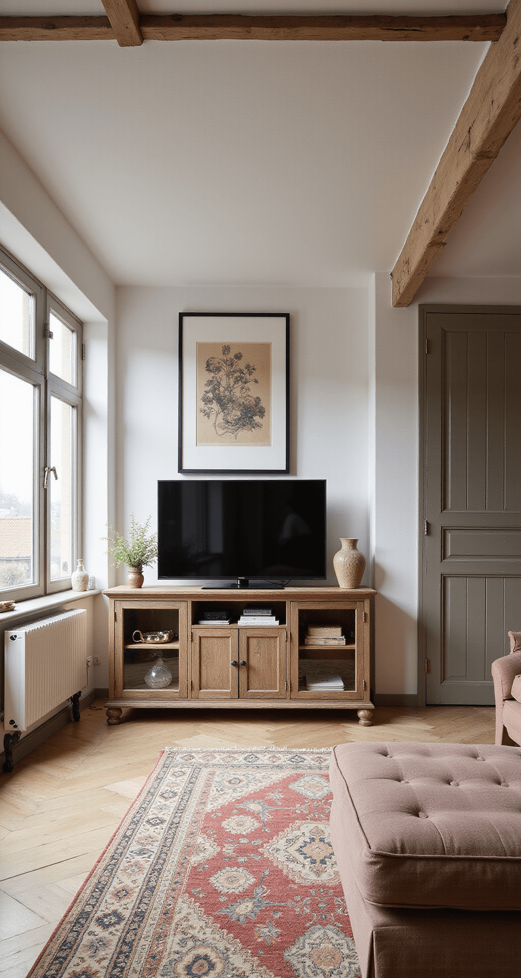 Rustieke woonkamer met natuurlijk daglicht, een zwevend tv-meubel van verweerd hout, vintage accessoires, gevlochten manden en linnen textiel. Oude balken aan het plafond en een kelim tapijt in warme tinten creëren een huiselijke sfeer met een kleurenpalet van aardetinten en verweerde pastels.