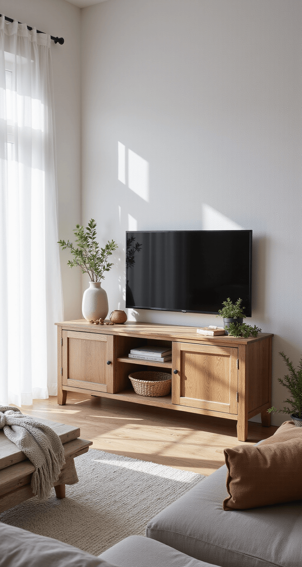 Intieme Scandinavische woonruimte met ochtendzon, licht eiken tv meubel met ronde vormen, witte muren en warme houttinten, versierd met berkenhouten accessoires, plaids en keramische vazen; zacht diffuus natuurlijk licht benadrukt de texturen.