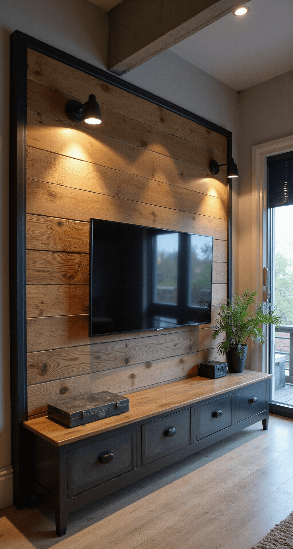 Industriële mediawand in een loft-achtige ruimte met bakstenen muur, zwart stalen framewerk, houten planken, vintage metalen opbergboxen en industriële wandlampen, verlicht door de late namiddagzon die dramatische schaduwen werpt.