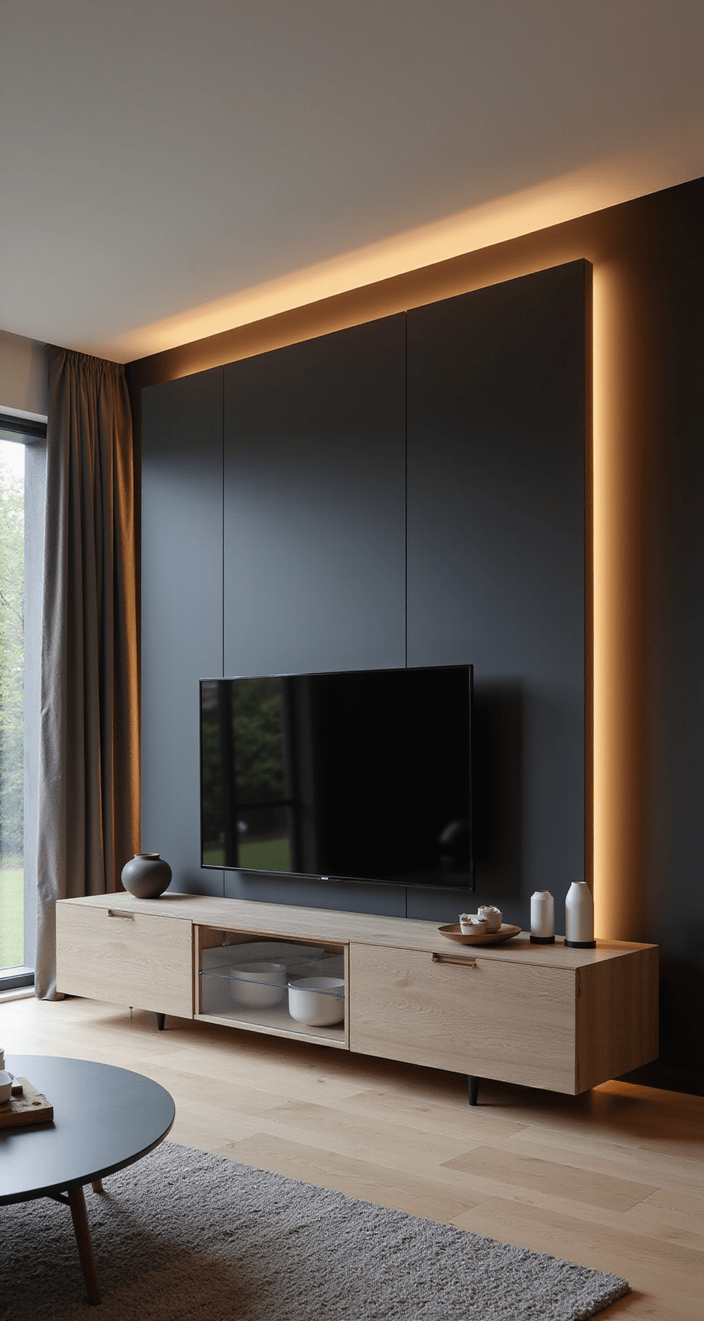 Moderne woonkamer met dubbele hoogte en architectonische lijnen, maatwerk tv meubelwand in mat zwart en warm walnoot, met verborgen ambient lighting en strategische LED-verlichting voor een warme avondsfeer, vastgelegd vanuit dramatisch kikvorsperspectief.