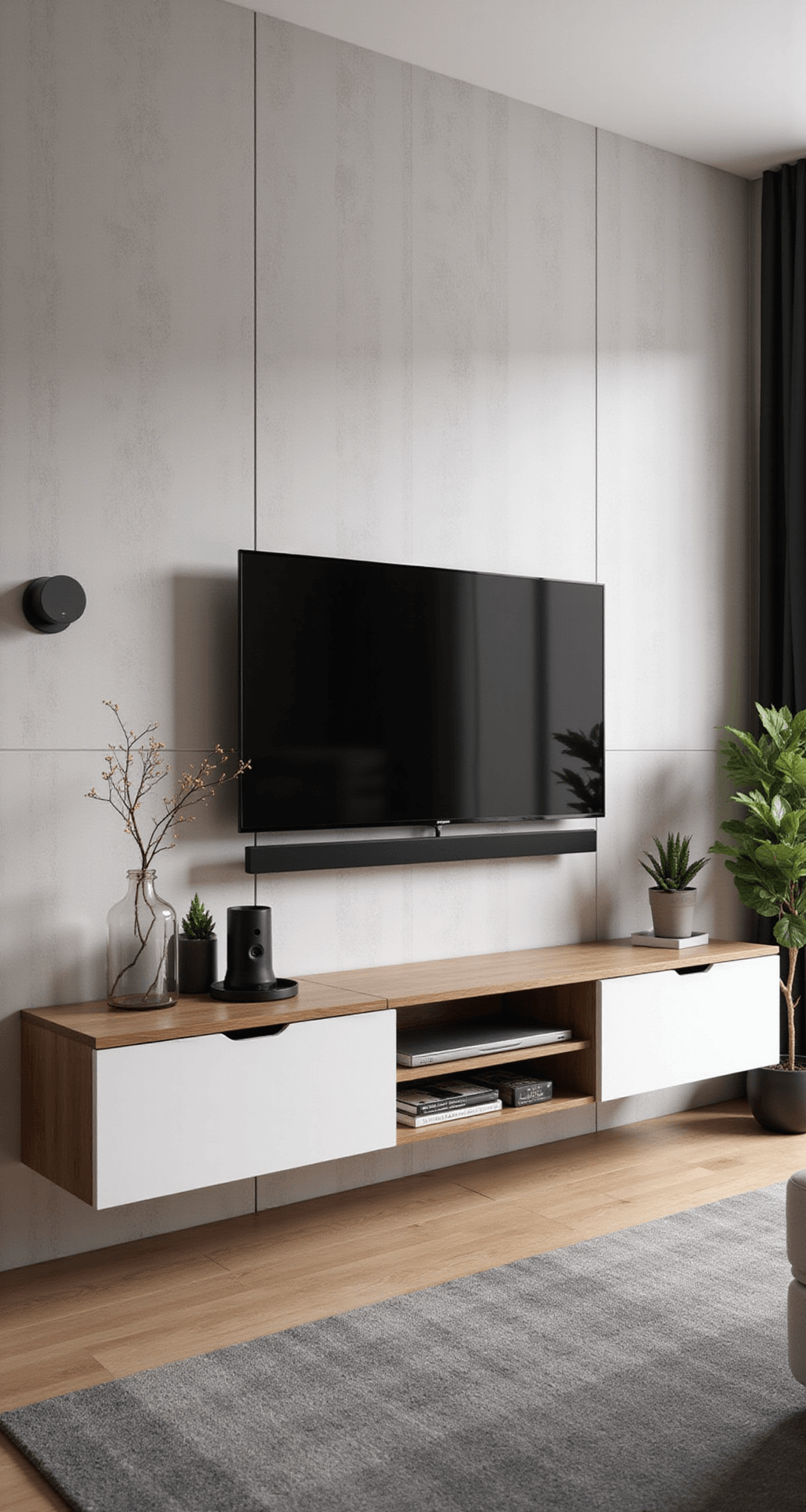 Minimalistisch mediameubel in strakke woonkamer, baadt in middaglicht, met floating tv meubel in zuiver wit en geometrische wanddecoratie, in een monochroom kleurenschema met subtiele grijstinten.
